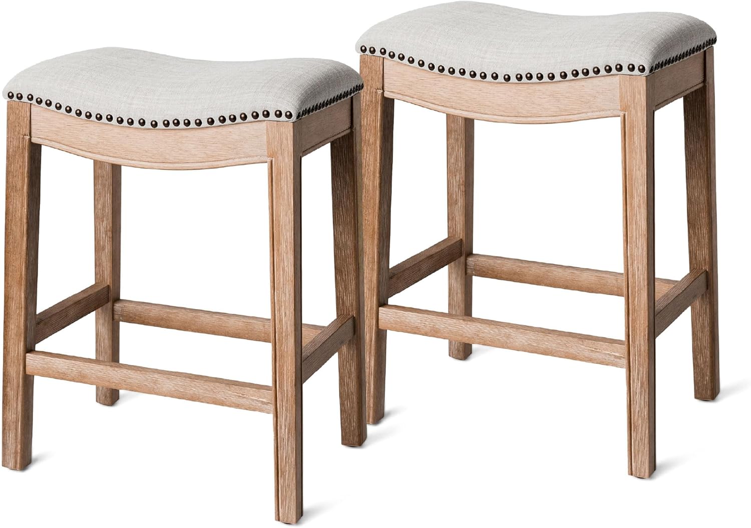 26" Adrien Saddle Counter Stool in Natural Finish with Light Grey Fabric (Set of 2) in Stools by Maven Lane