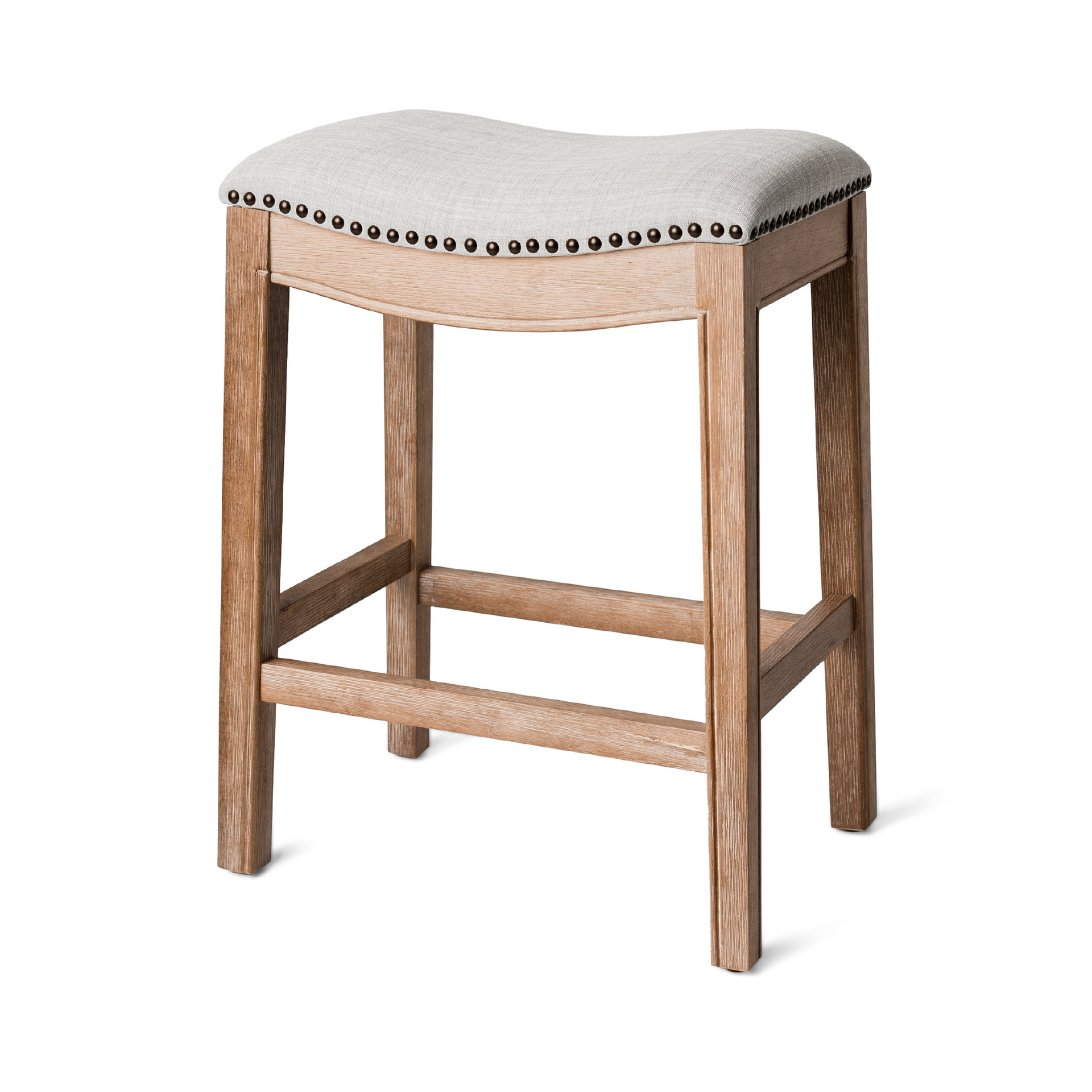 Adrien Saddle Counter Stool In Weathered Oak Finish With Sand Color Fabric Upholstery