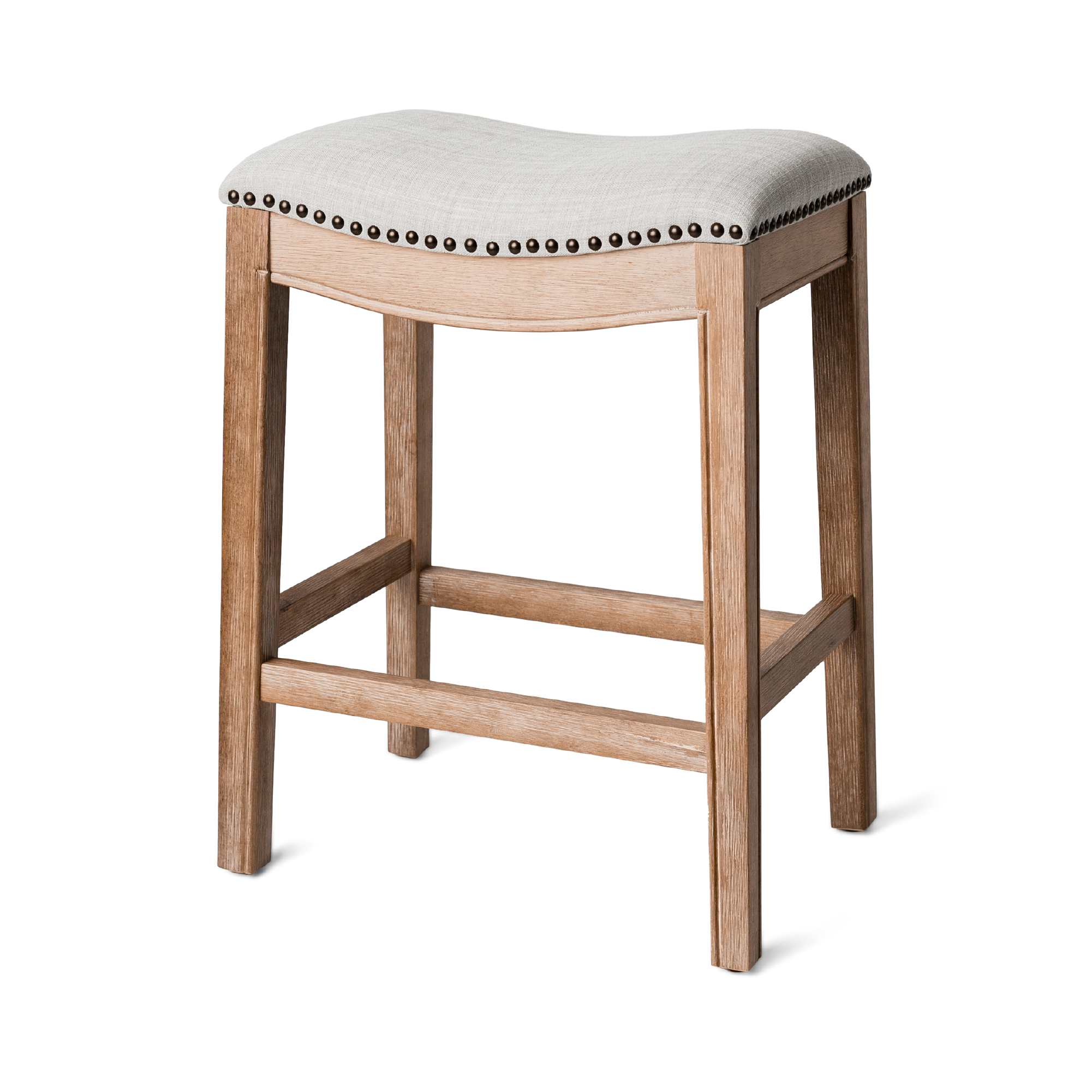 Adrien Saddle Counter Stool In Weathered Oak Finish With Sand Color Fabric Upholstery in Stools by Maven Lane