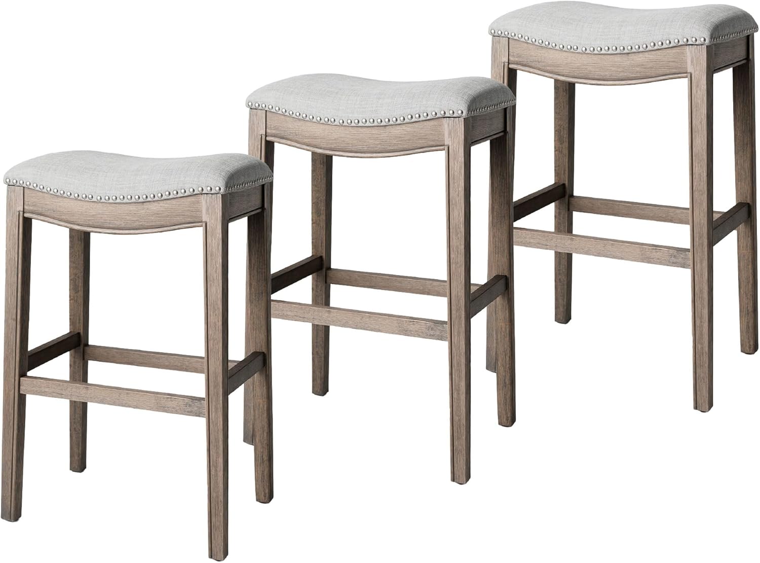 31" Adrien Saddle Bar Stool in Grey Finish with Grey Fabric (Set of 3) in Stools by Maven Lane