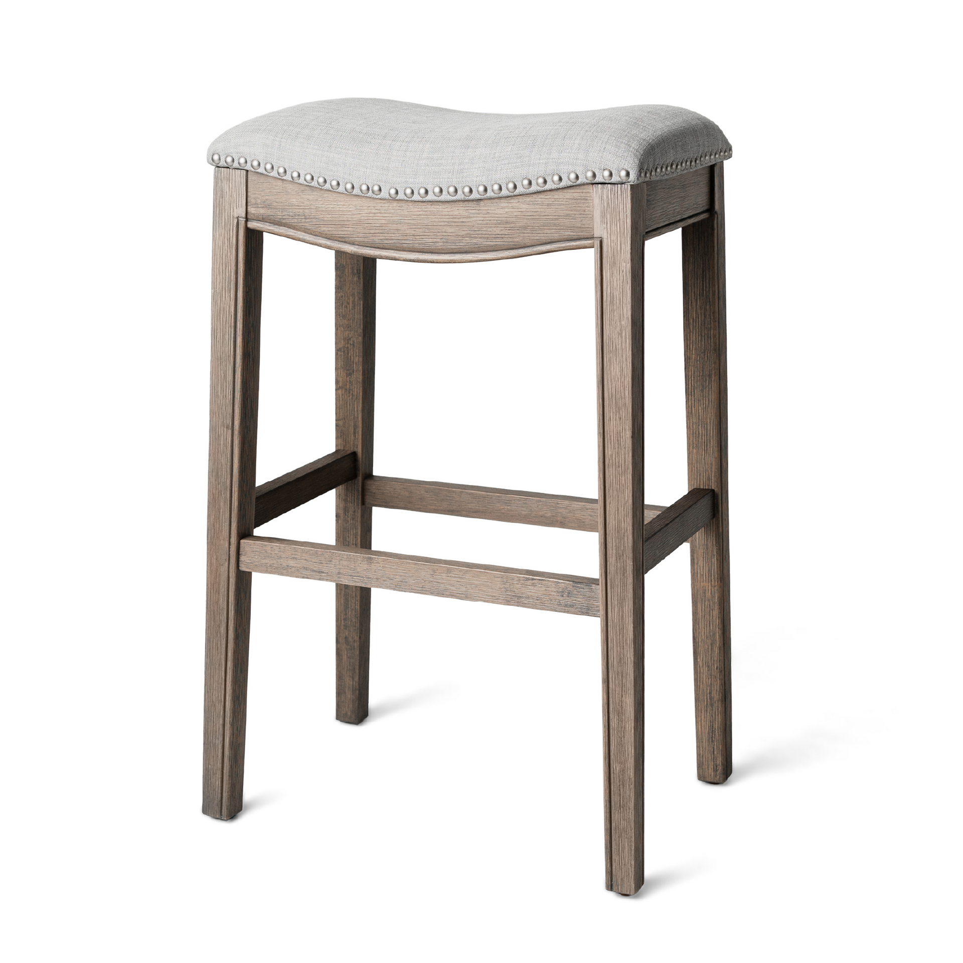 Adrien Saddle Bar Stool In Reclaimed Oak Finish With Ash Grey Fabric Upholstery