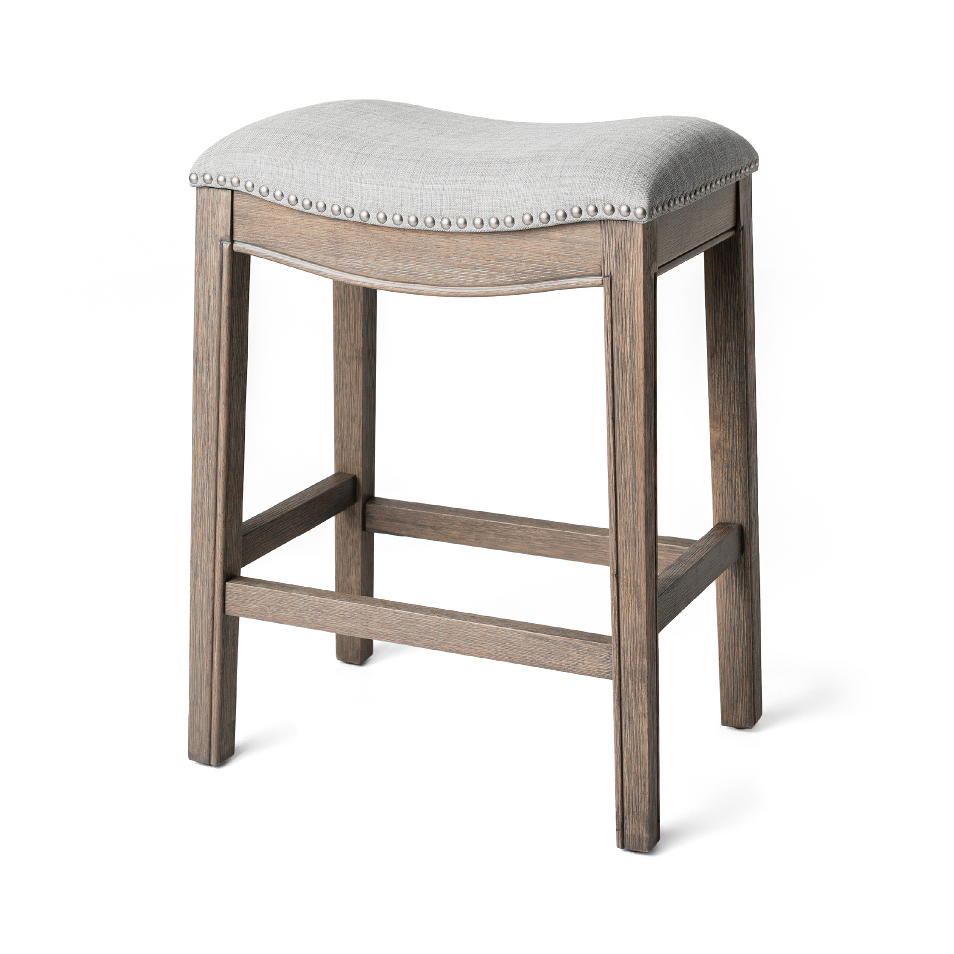 Adrien Saddle Counter Stool In Reclaimed Oak Finish With Ash Grey Fabric Upholstery