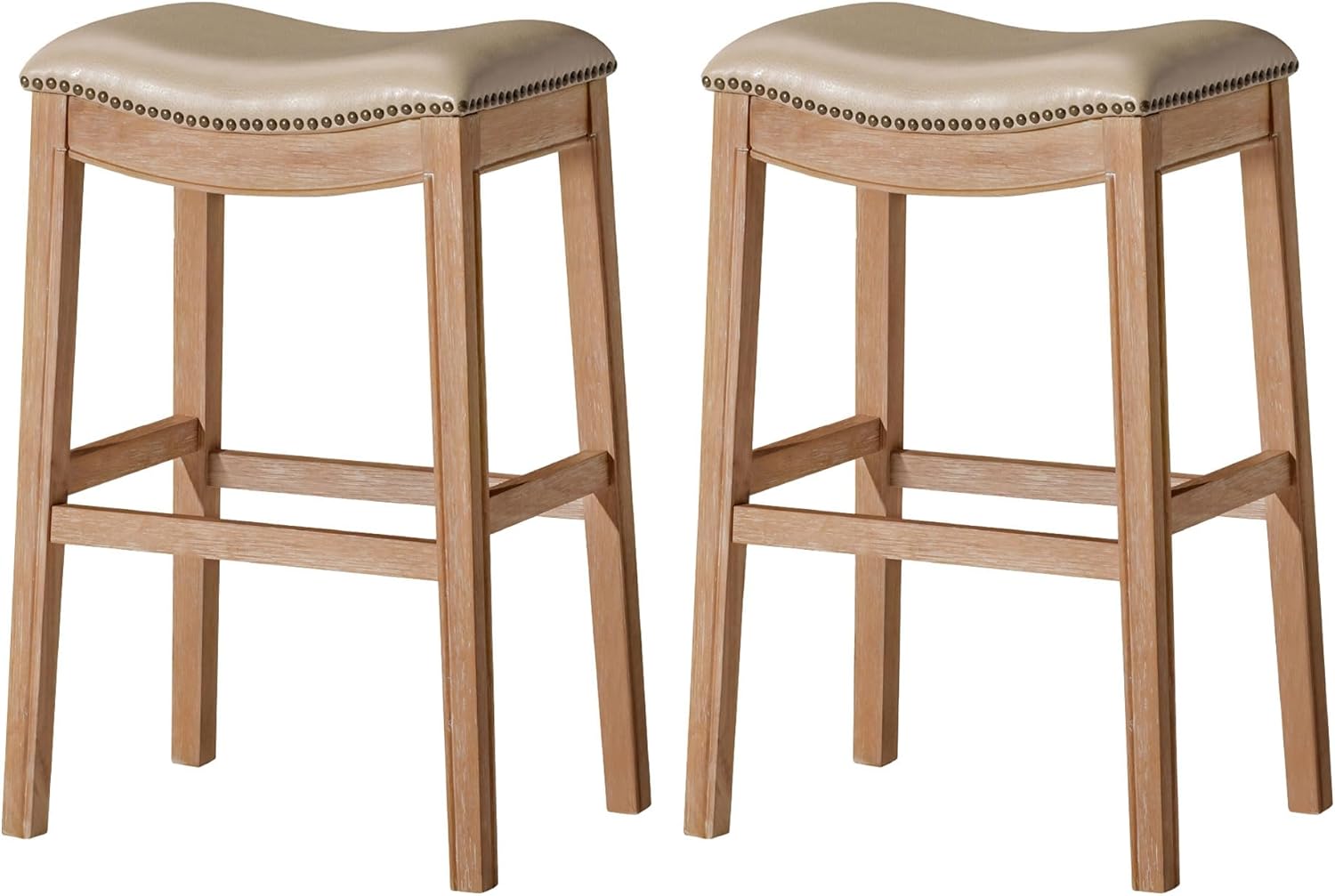 31" Adrien Saddle Bar Stool in Natural Finish with Beige Faux Leather (Set of 2) in Stools by Maven Lane