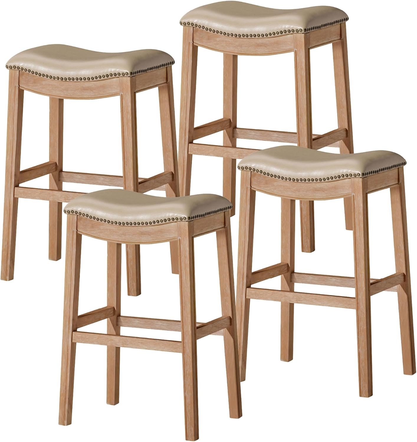31" Adrien Saddle Bar Stool in Natural Finish with Beige Faux Leather (Set of 4) in Stools by Maven Lane