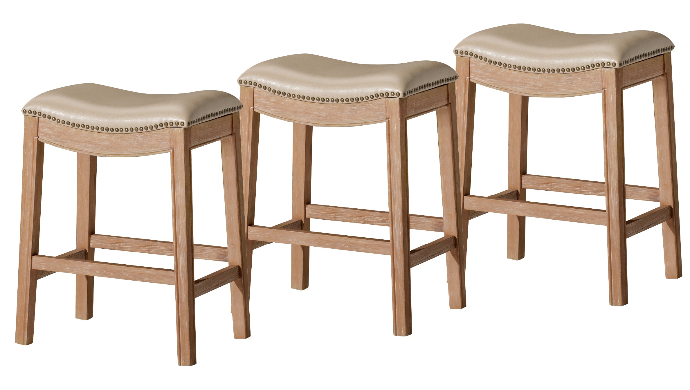 26" Adrien Saddle Counter Stool in Natural Finish with Beige Faux Leather (Set of 3) in Stools by Maven Lane