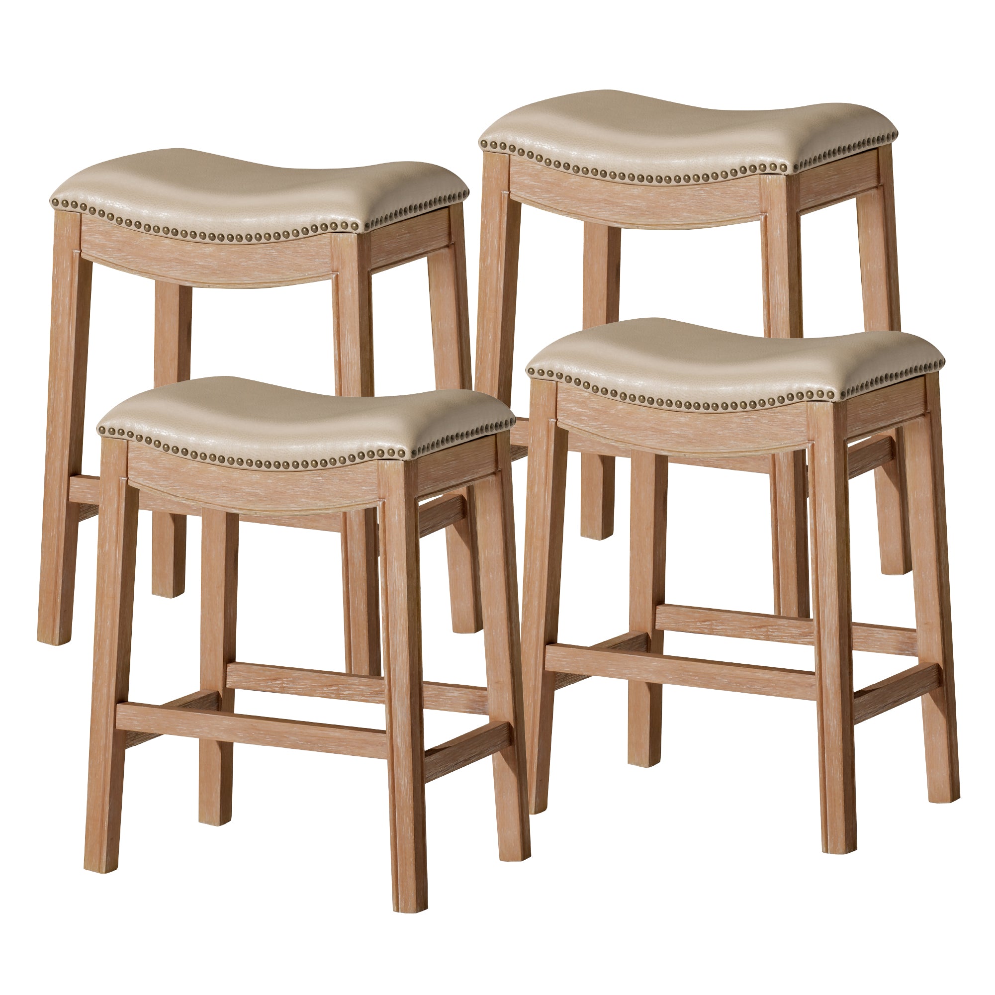 26" Adrien Saddle Counter Stool in Natural Finish with Beige Faux Leather (Set of 4) in Stools by Maven Lane