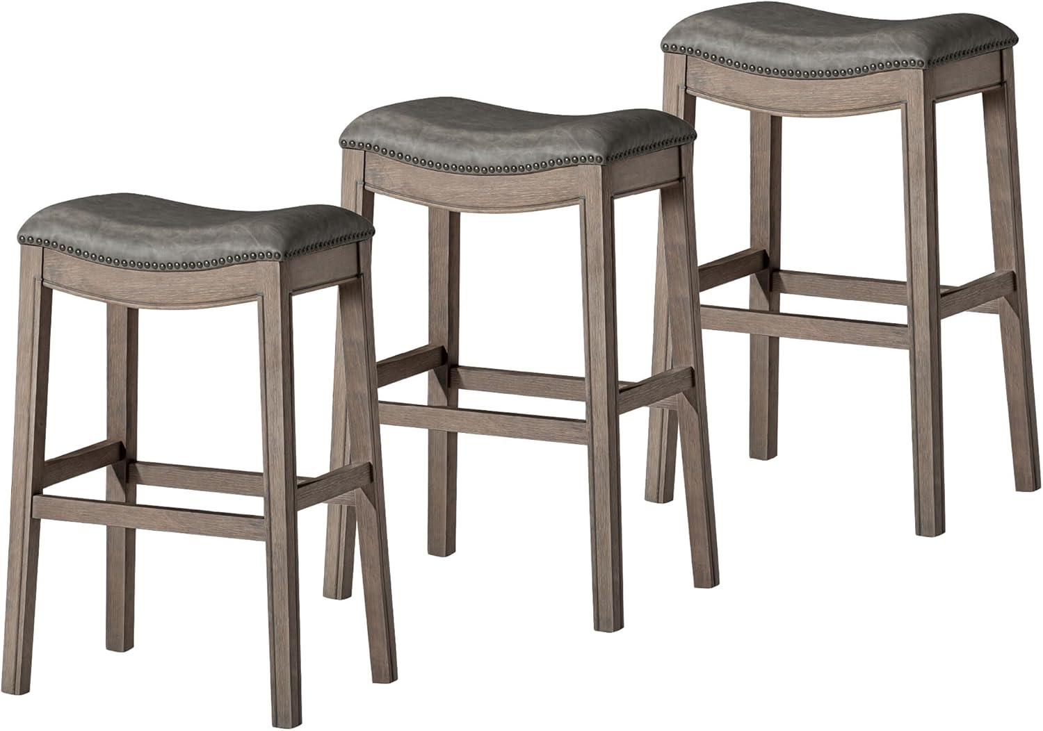 31" Adrien Saddle Bar Stool in Grey Finish with Grey Faux Leather (Set of 3) in Stools by Maven Lane