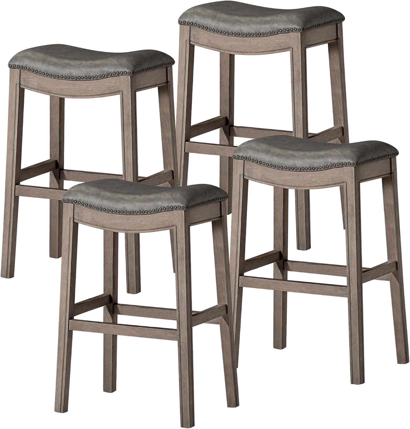 31" Adrien Saddle Bar Stool in Grey Finish with Grey Faux Leather (Set of 4) in Stools by Maven Lane