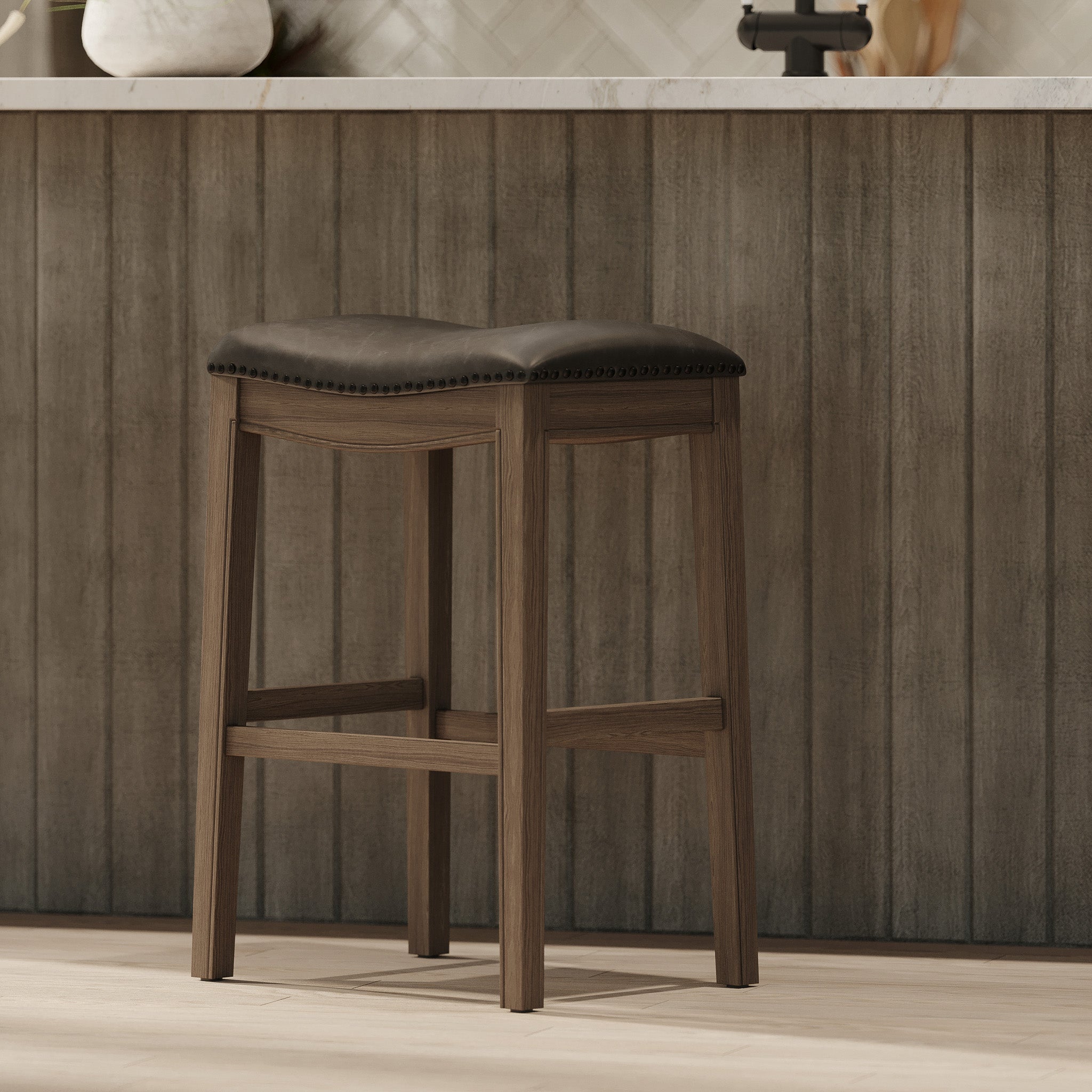 Adrien Saddle Bar Stool in Reclaimed Oak Finish with Ronan Stone Vegan Leather in Stools by Maven Lane