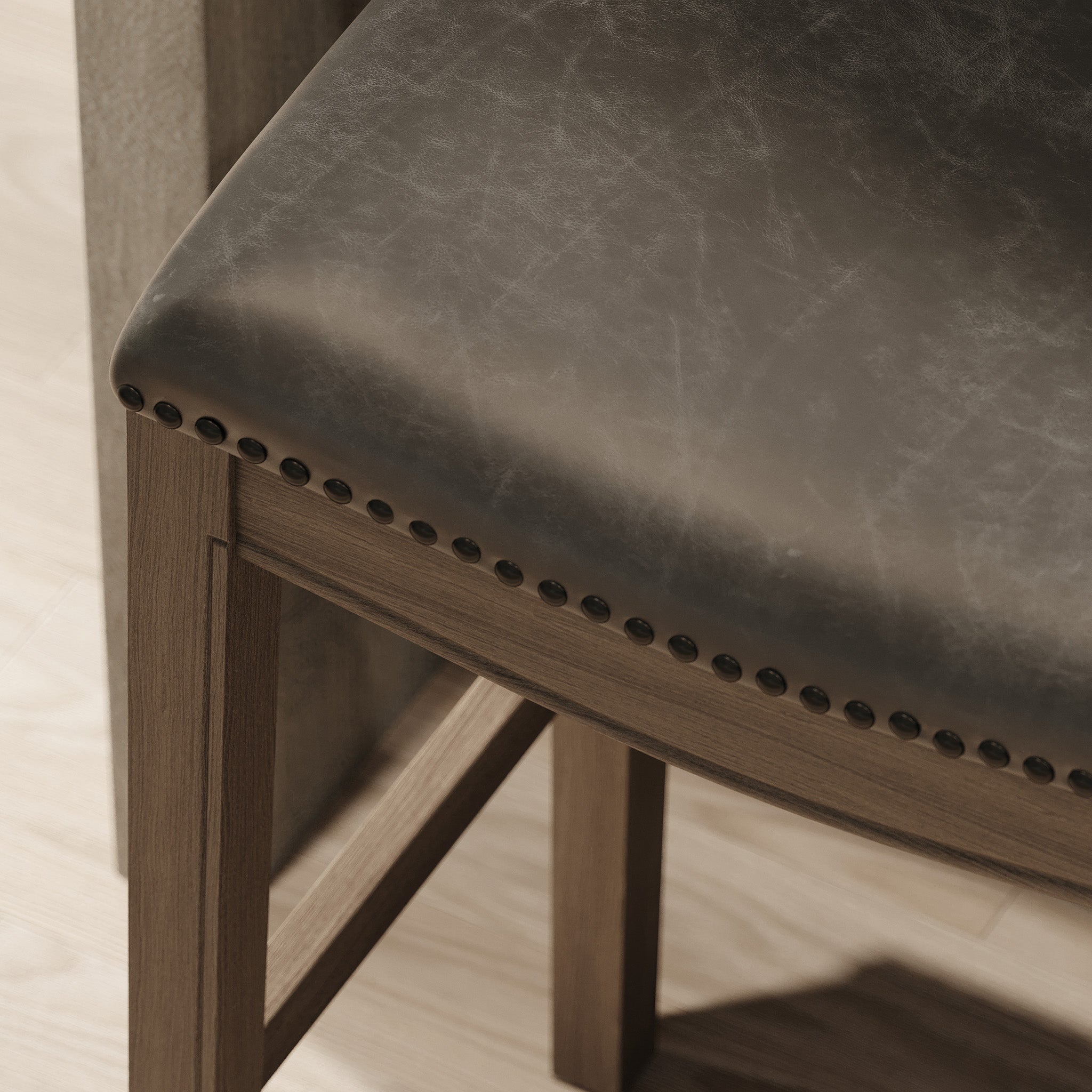 Adrien Saddle Bar Stool in Reclaimed Oak Finish with Ronan Stone Vegan Leather in Stools by Maven Lane