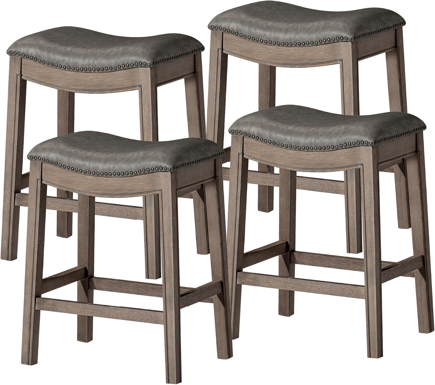 26" Adrien Saddle Counter Stool in Grey Finish with Grey Faux Leather (Set of 4) in Stools by Maven Lane