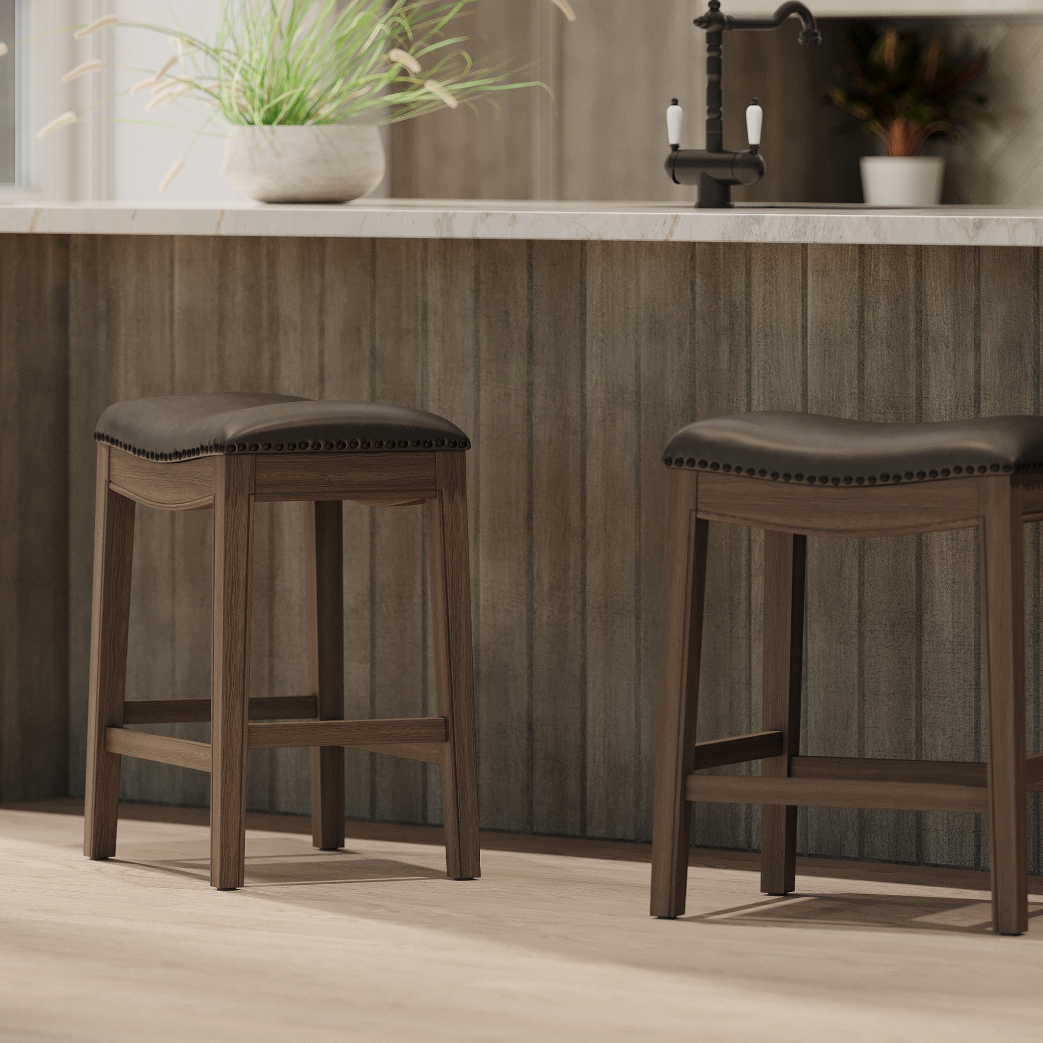 Adrien Saddle Counter Stool in Reclaimed Oak Finish with Ronan Stone Vegan Leather in Stools by Maven Lane