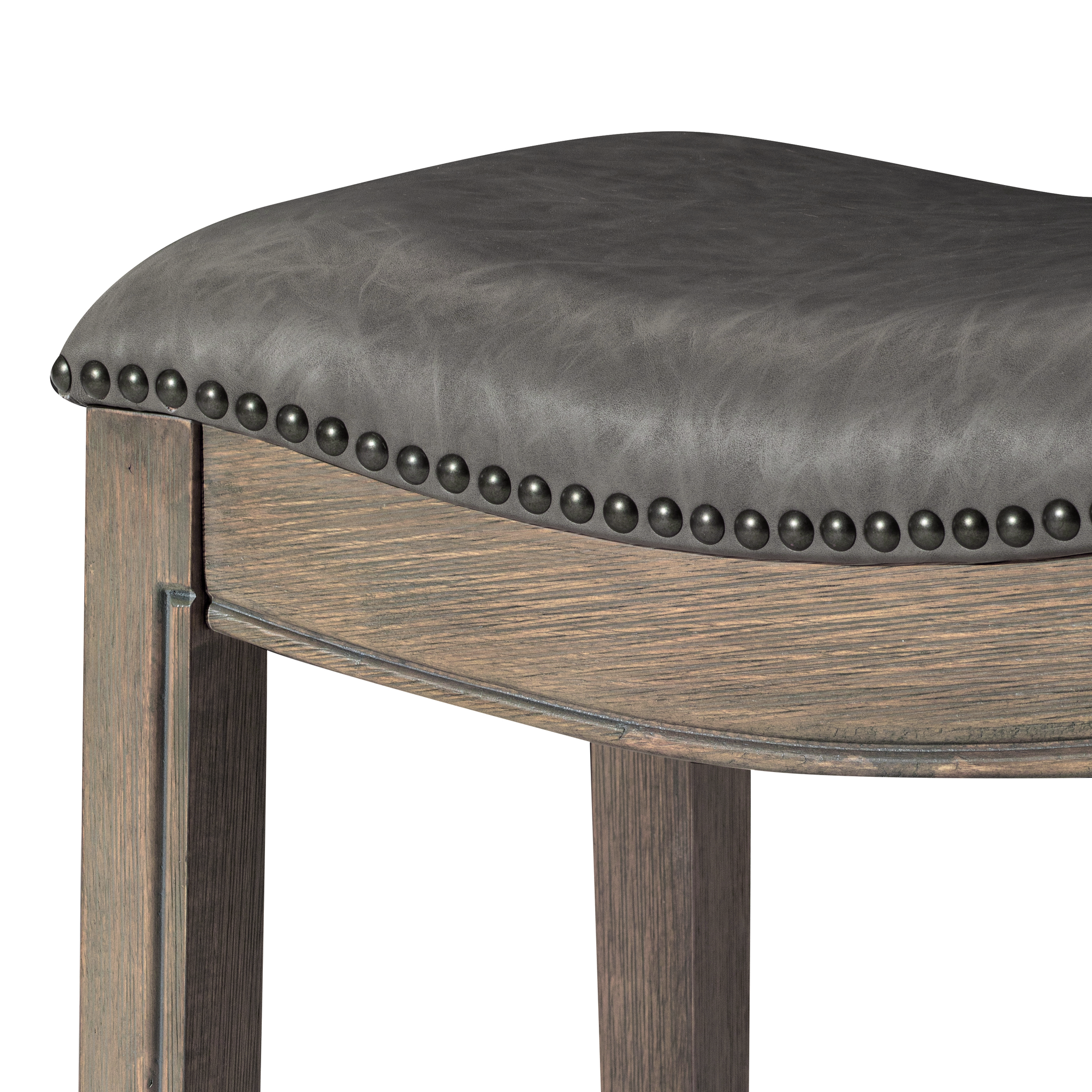 Adrien Saddle Bar Stool in Grey Finish with Grey Faux Leather in Stools by Maven Lane