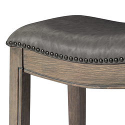 Adrien Saddle Bar Stool in Grey Finish with Grey Faux Leather in Stools by Maven Lane