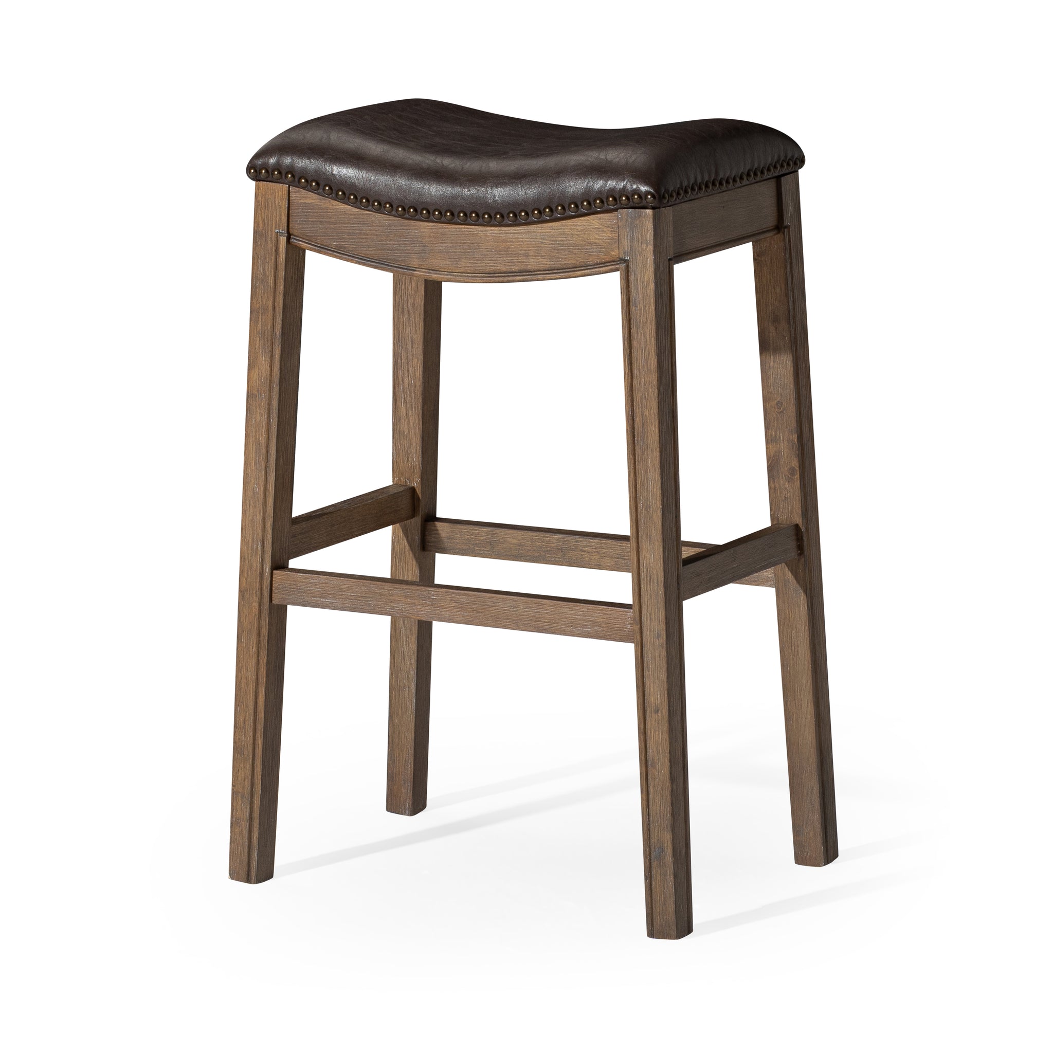 Adrien Saddle Bar Stool in Brown Finish with Dark Brown Faux Leather in Stools by Maven Lane