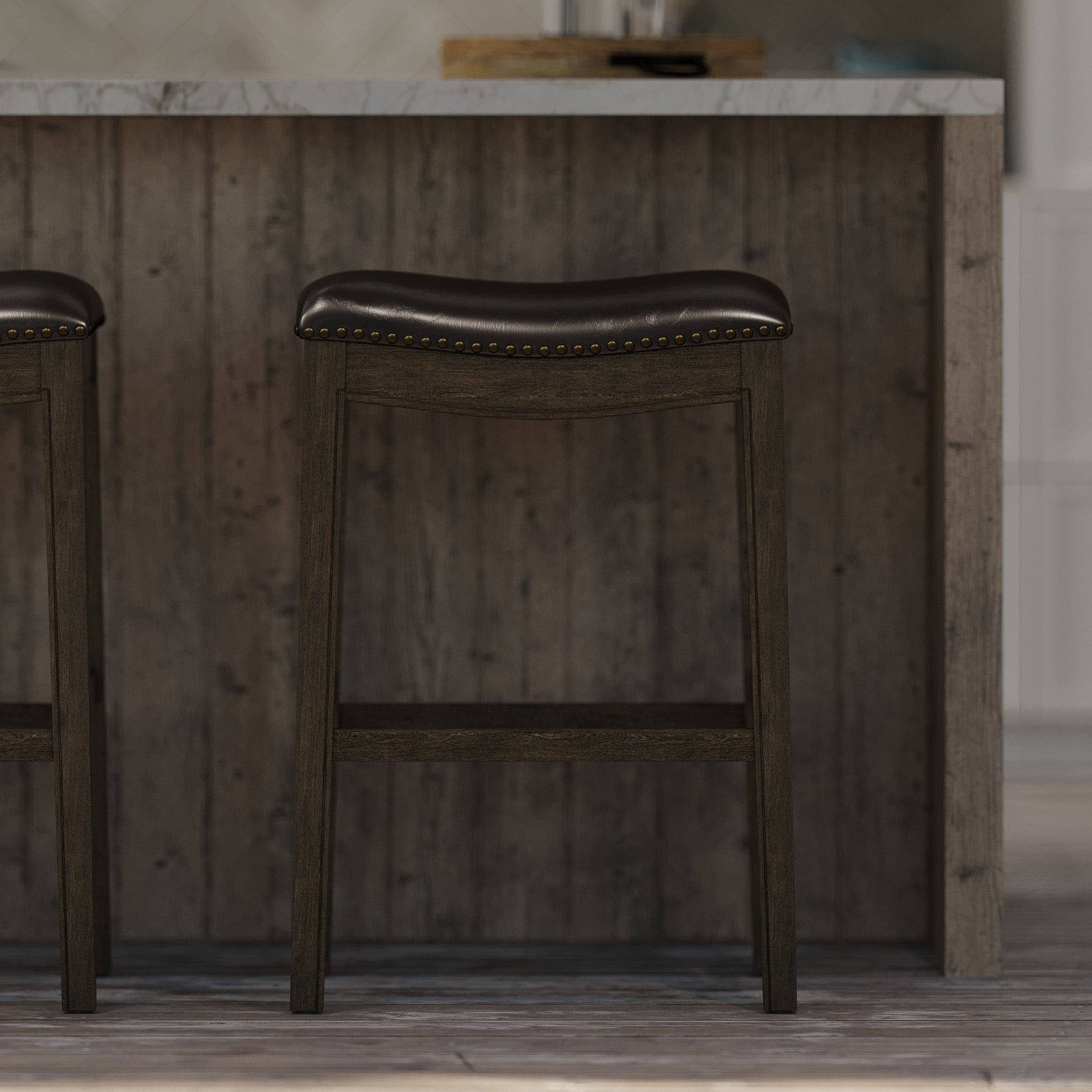 Adrien Saddle Bar Stool in Walnut Finish with Marksman Saddle Vegan Leather in Stools by Maven Lane