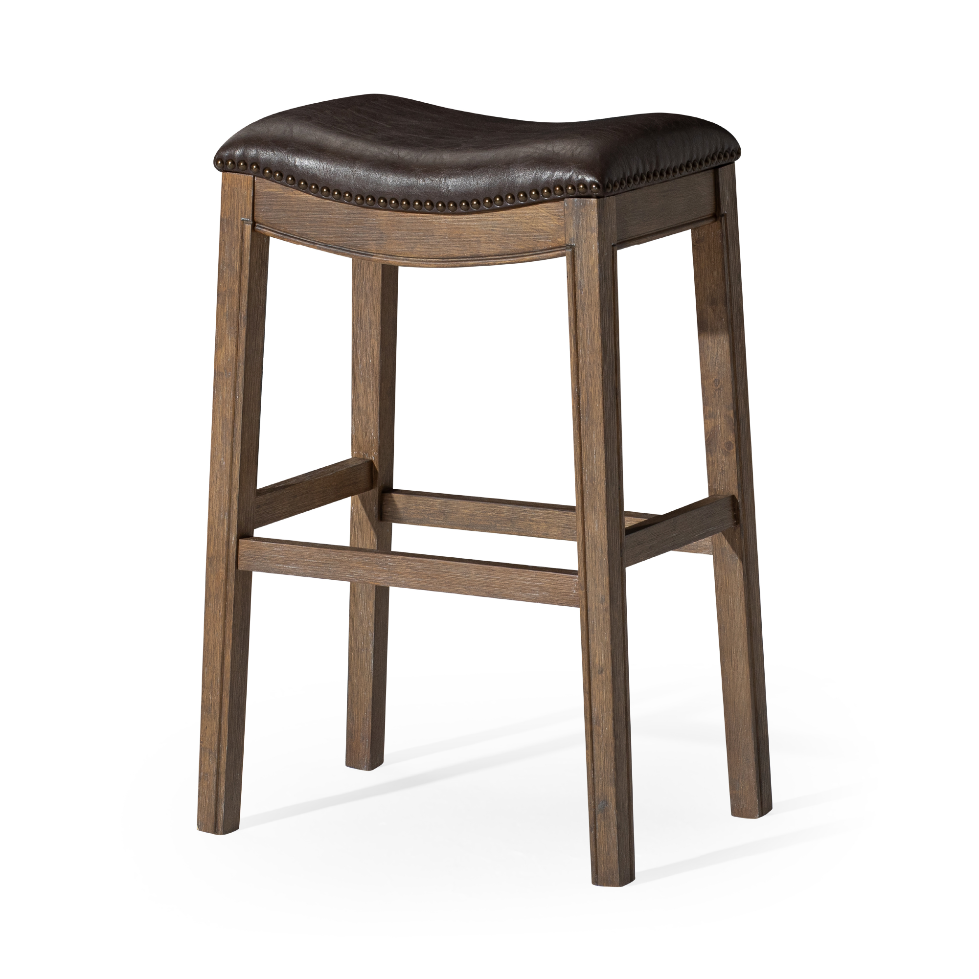 Adrien Saddle Bar Stool In Walnut Finish With Marksman Saddle Vegan Leather in Stools by Maven Lane