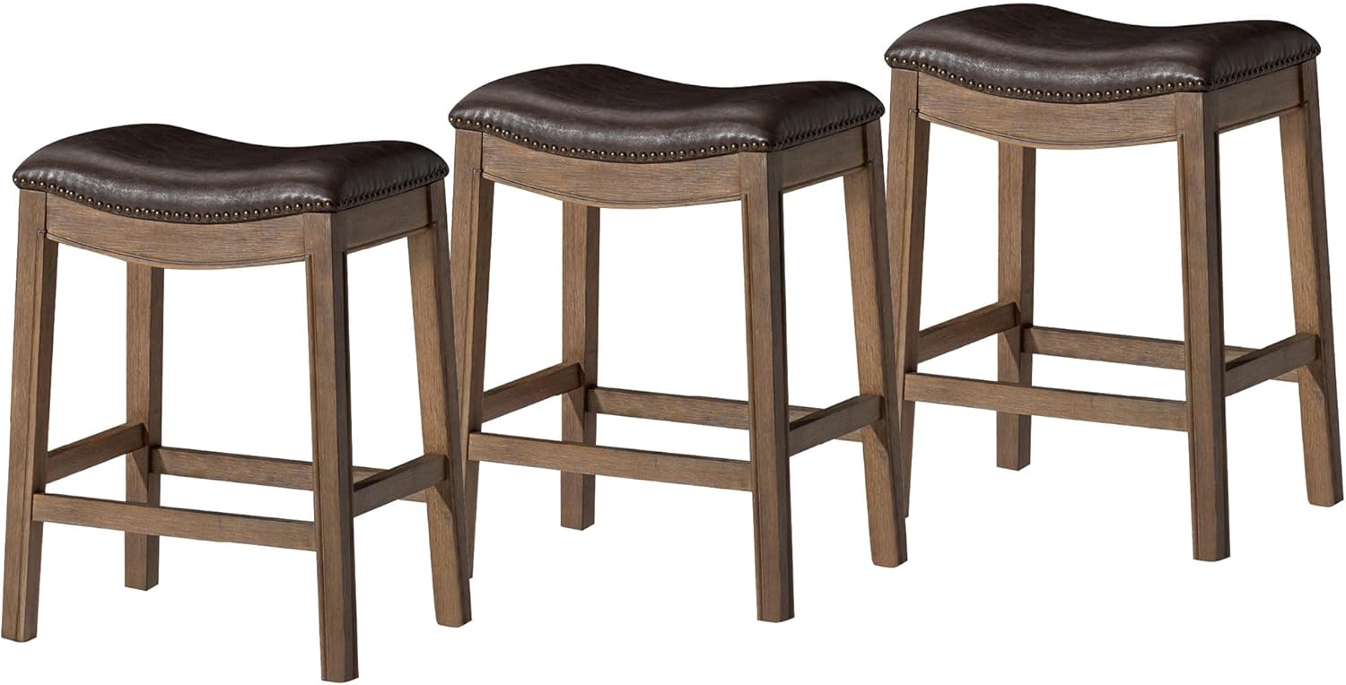 26" Adrien Saddle Counter Stool in Brown Finish with Dark Brown Faux Leather (Set of 3) in Stools by Maven Lane