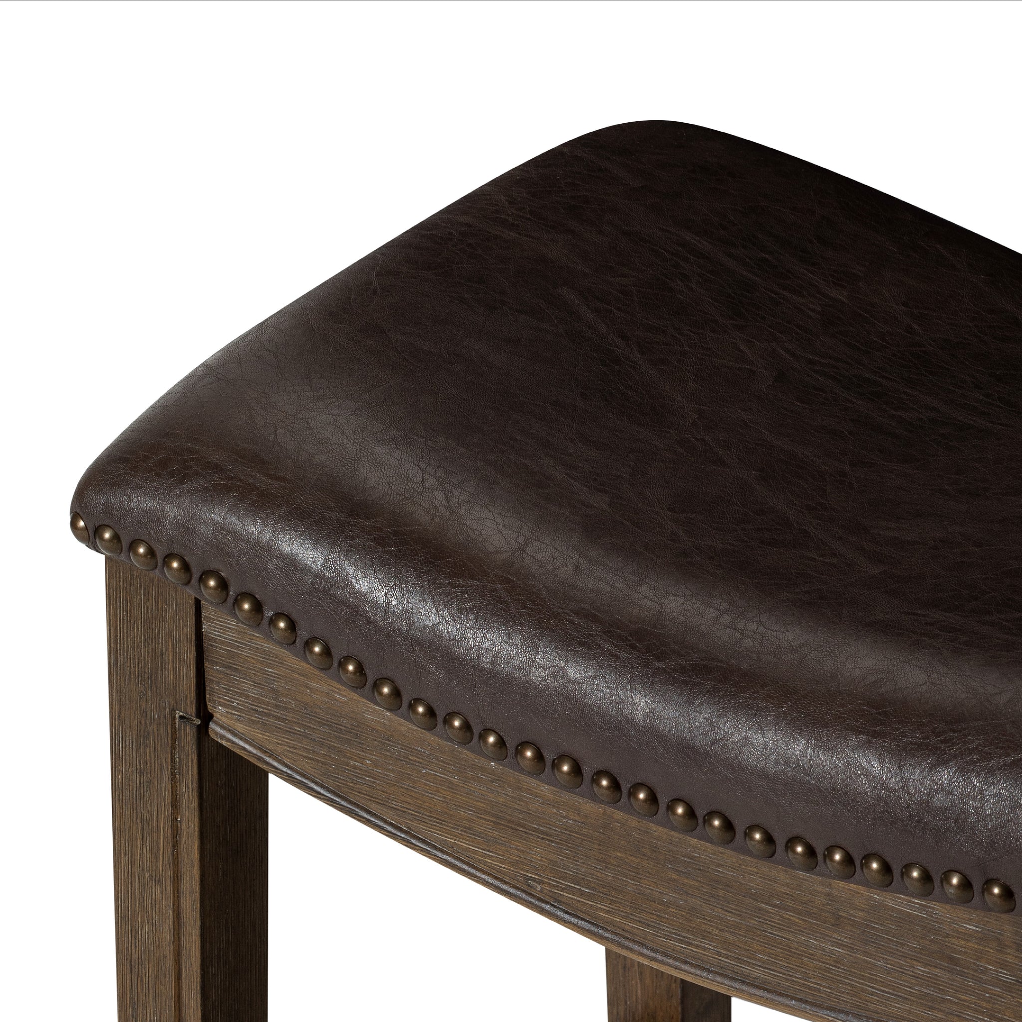 Adrien Saddle Counter Stool in Brown Finish with Dark Brown Faux Leather in Stools by Maven Lane