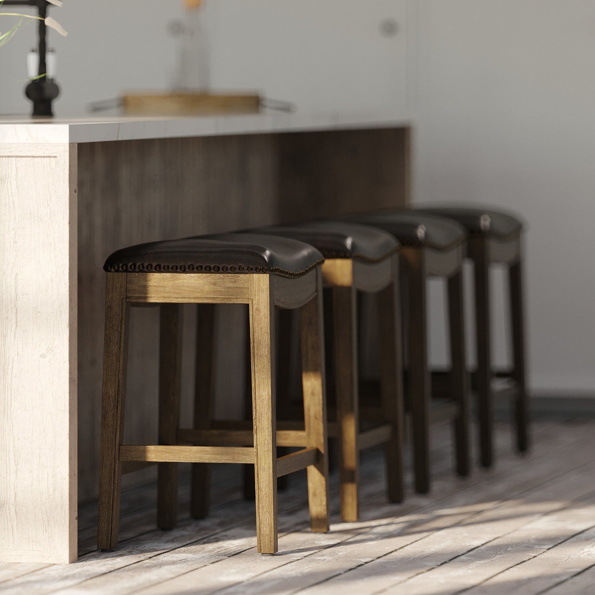 Adrien Saddle Counter Stool in Walnut Finish with Marksman Saddle Vegan Leather in Stools by Maven Lane