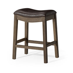 Adrien Saddle Counter Stool in Brown Finish with Dark Brown Faux Leather in Stools by Maven Lane