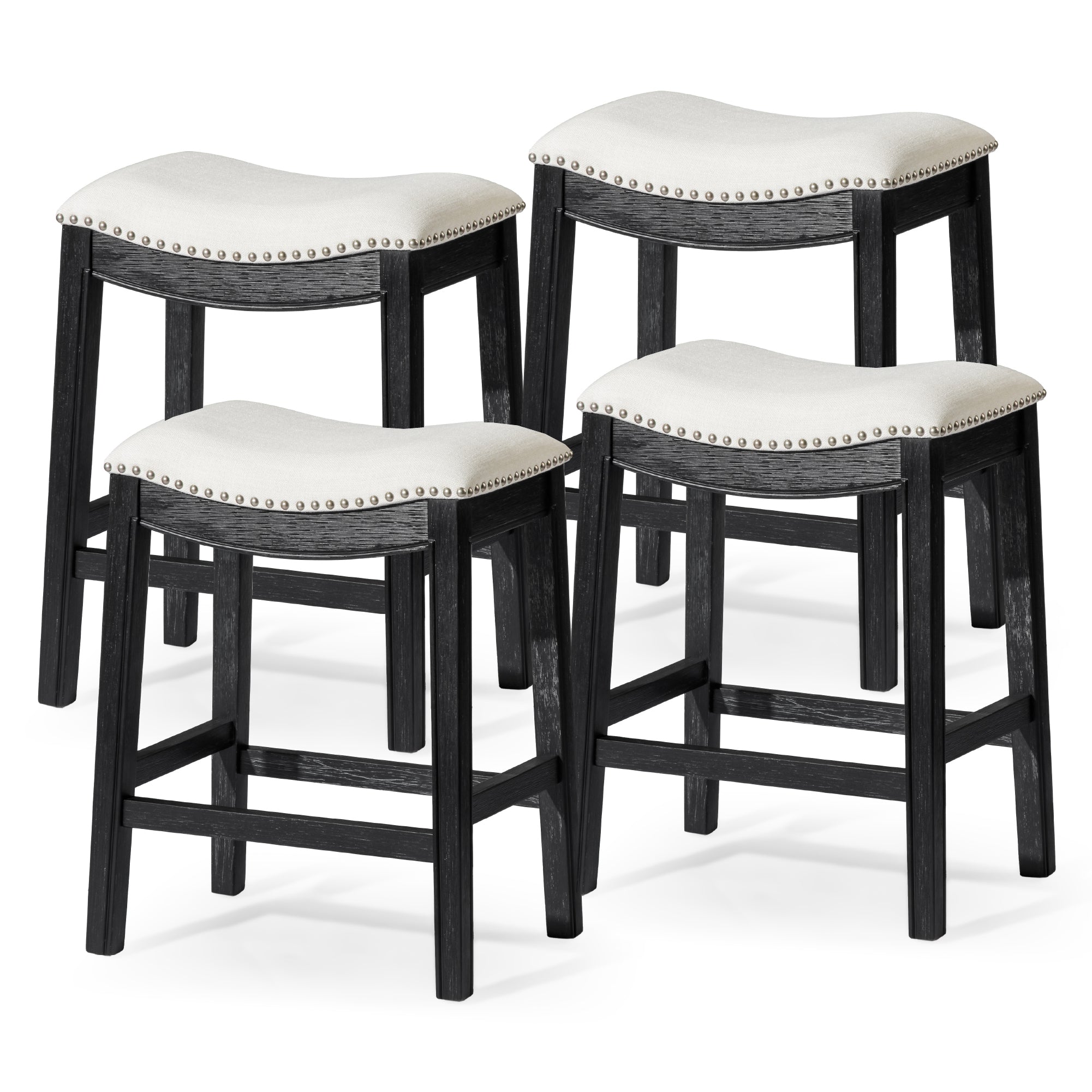 26" Adrien Saddle Counter Stool in Black Finish with White Fabric (Set of 4) in Stools by Maven Lane