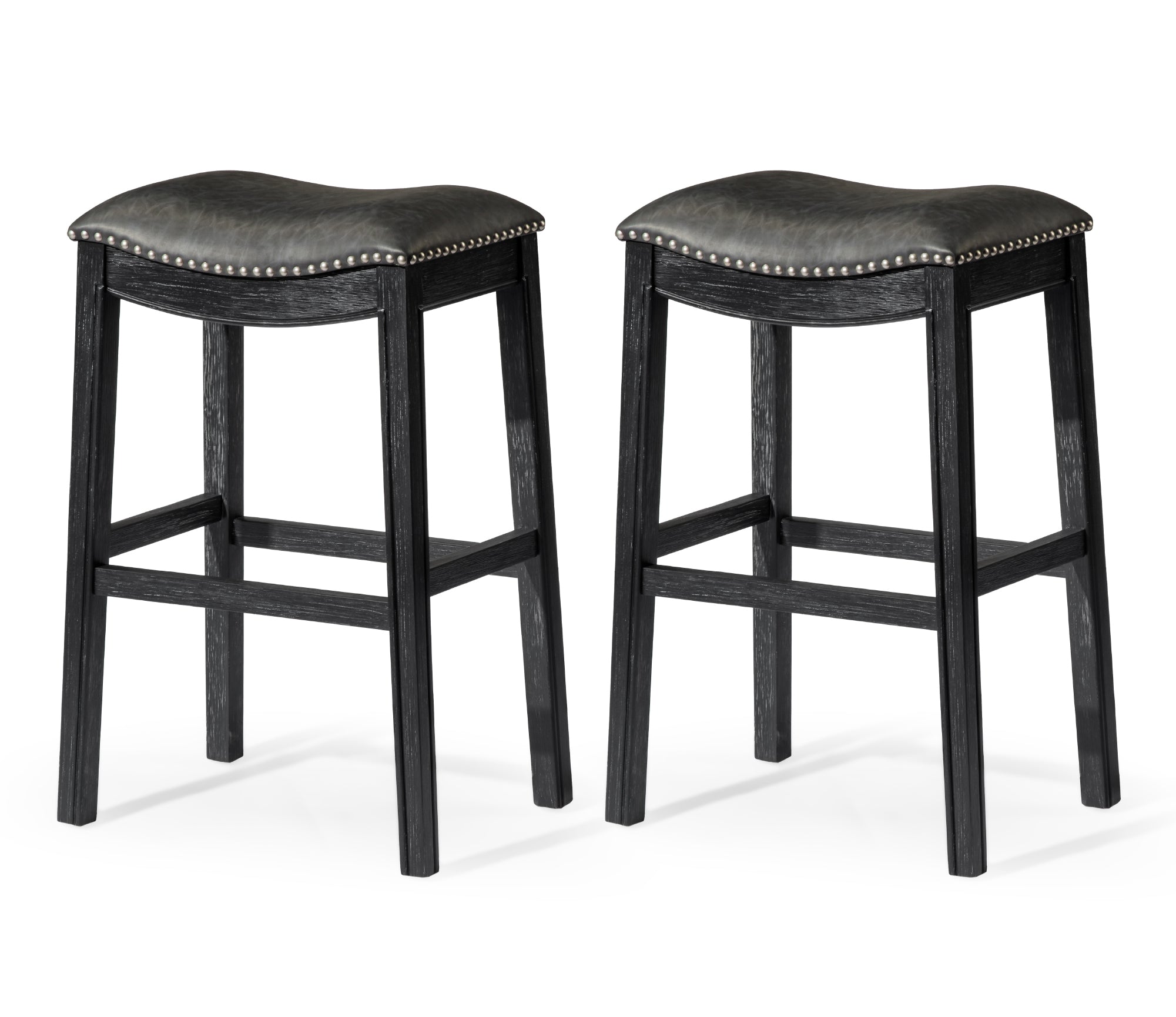 31" Adrien Saddle Bar Stool in Black Finish with Dark Grey Faux Leather (Set of 2) in Stools by Maven Lane