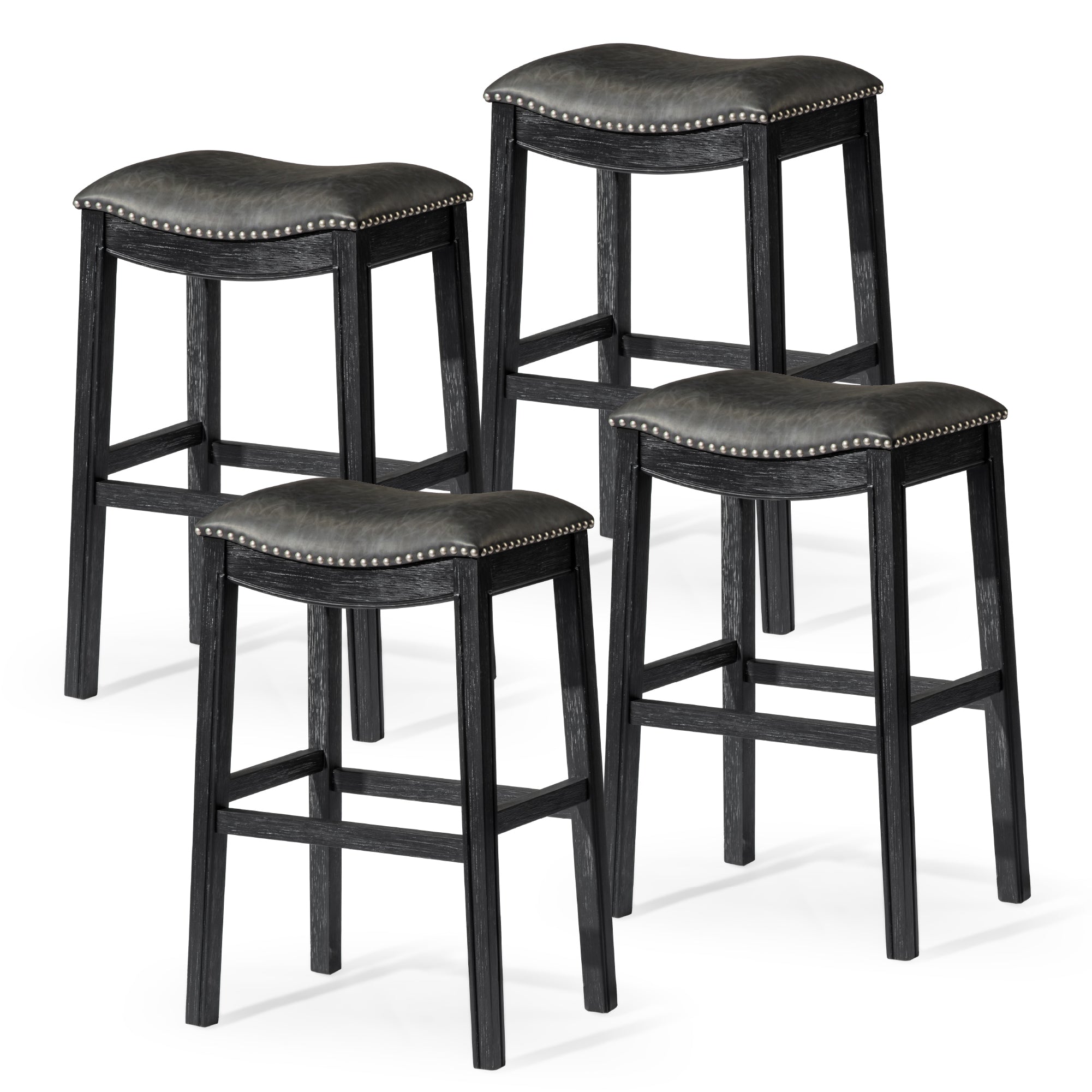 31" Adrien Saddle Bar Stool in Black Finish with Dark Grey Faux Leather (Set of 4) in Stools by Maven Lane