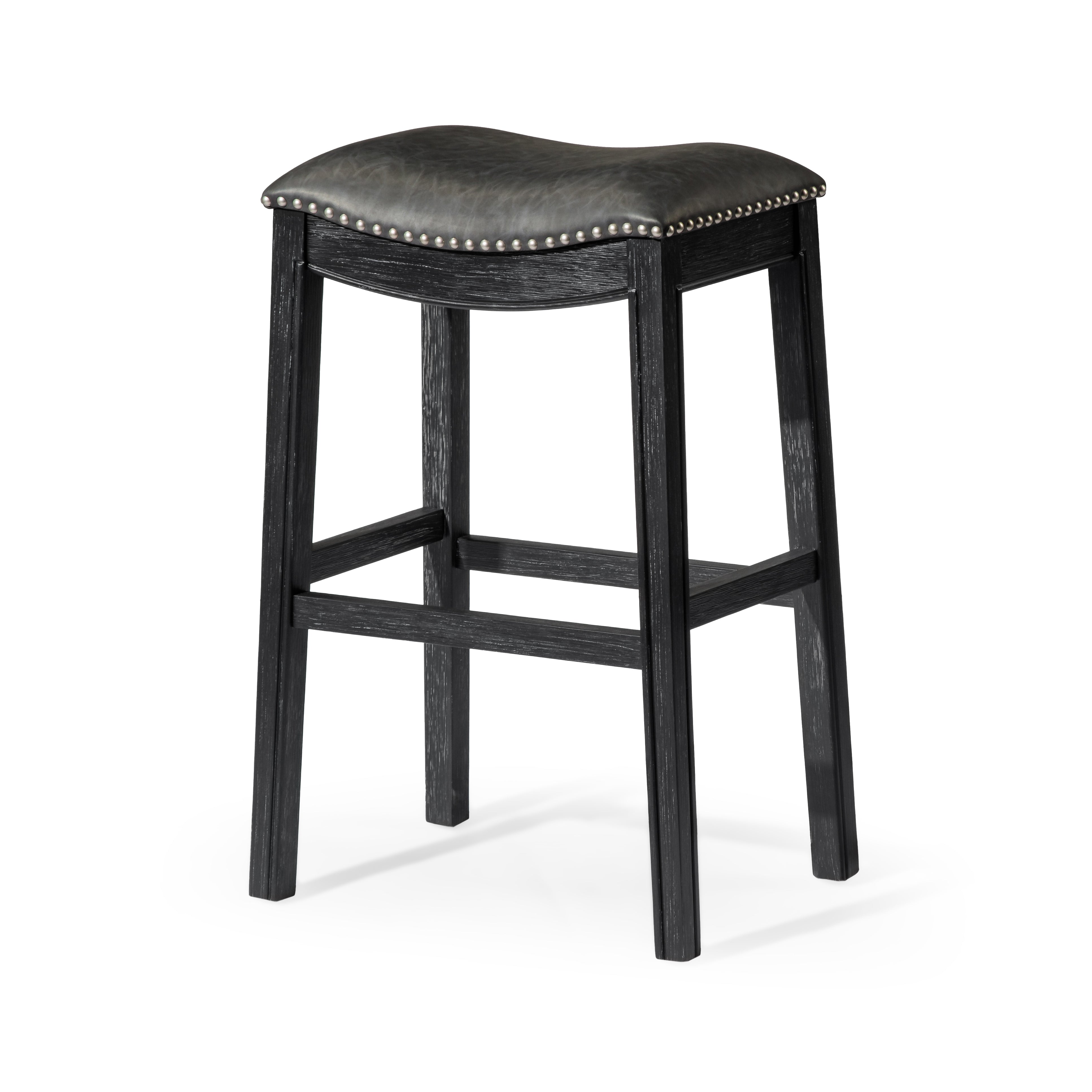 Adrien Saddle Bar Stool In Aged Black Finish With Charcoal Black Vegan Leather in Stools by Maven Lane