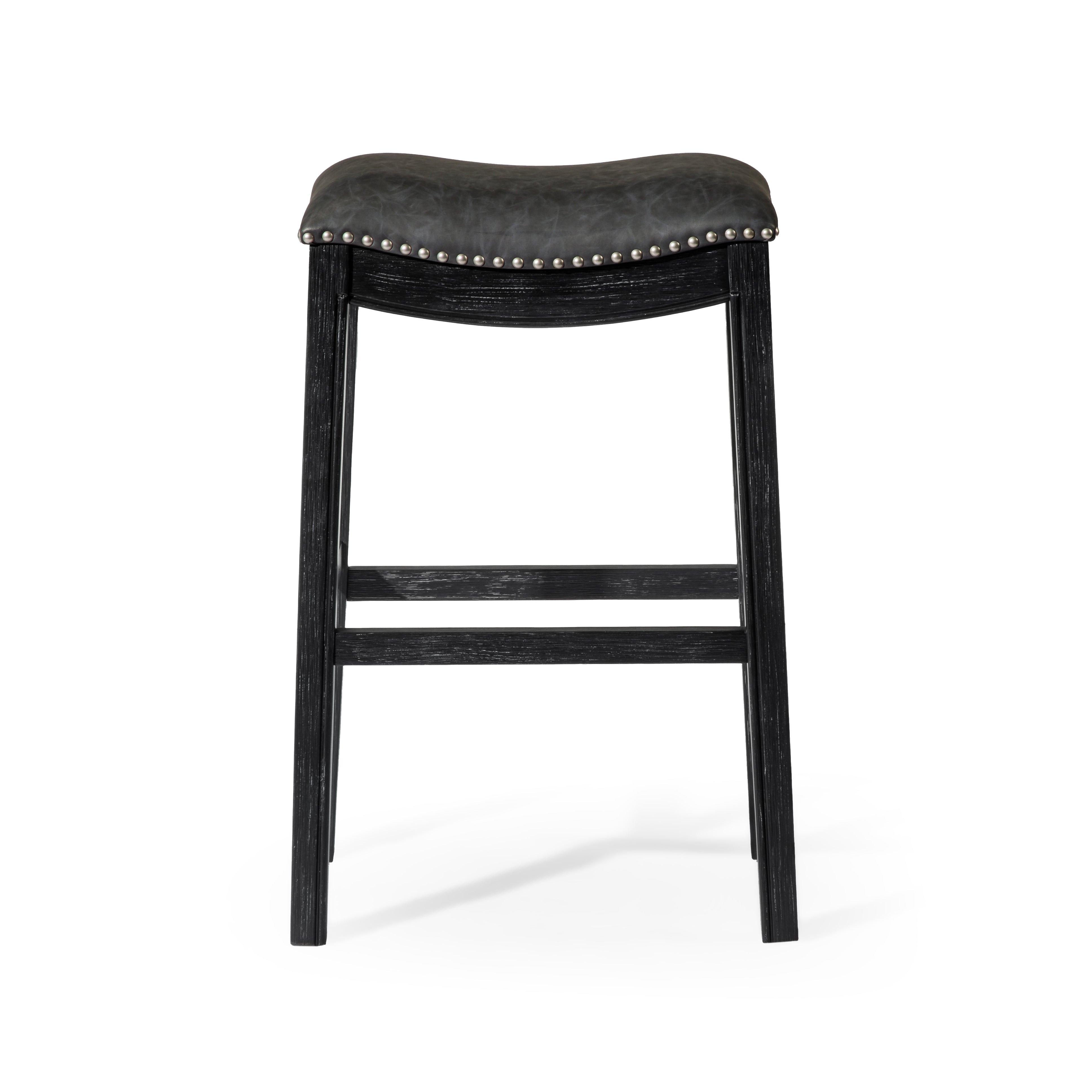 Adrien Saddle Bar Stool In Aged Black Finish With Charcoal Black Vegan Leather in Stools by Maven Lane