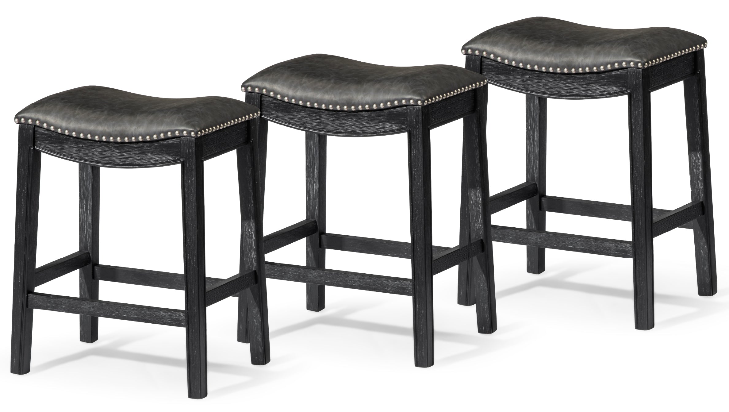 26" Adrien Saddle Counter Stool in Black Finish with Dark Grey Faux Leather (Set of 3) in Stools by Maven Lane