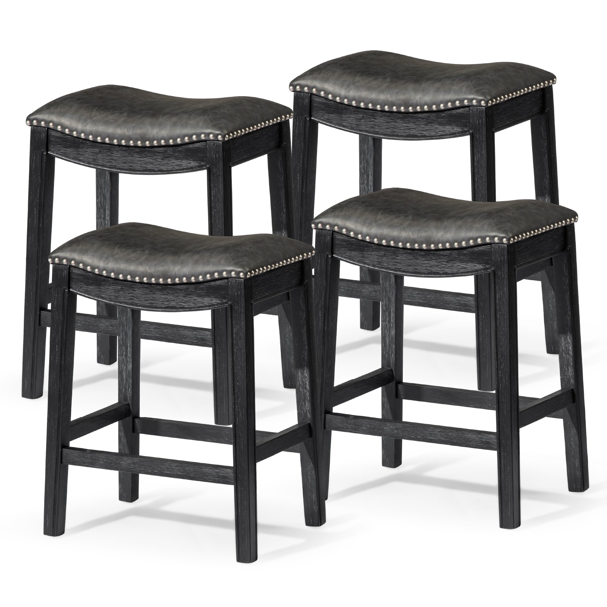26" Adrien Saddle Counter Stool in Black Finish with Dark Grey Faux Leather (Set of 4) in Stools by Maven Lane
