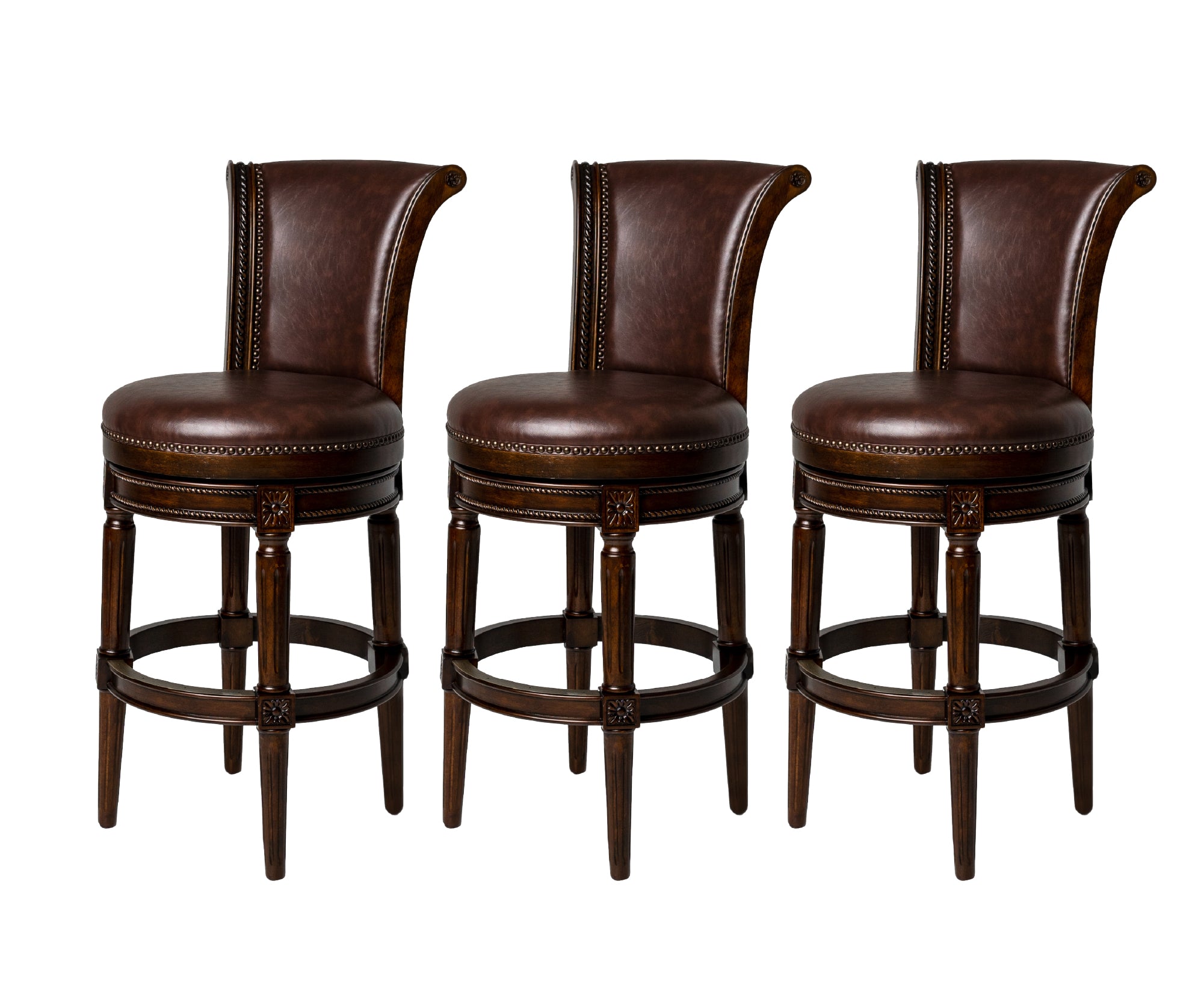 31" Pullman Bar Stool in Dark Brown Finish with Brown Faux Leather (Set of 3) in Stools by Maven Lane