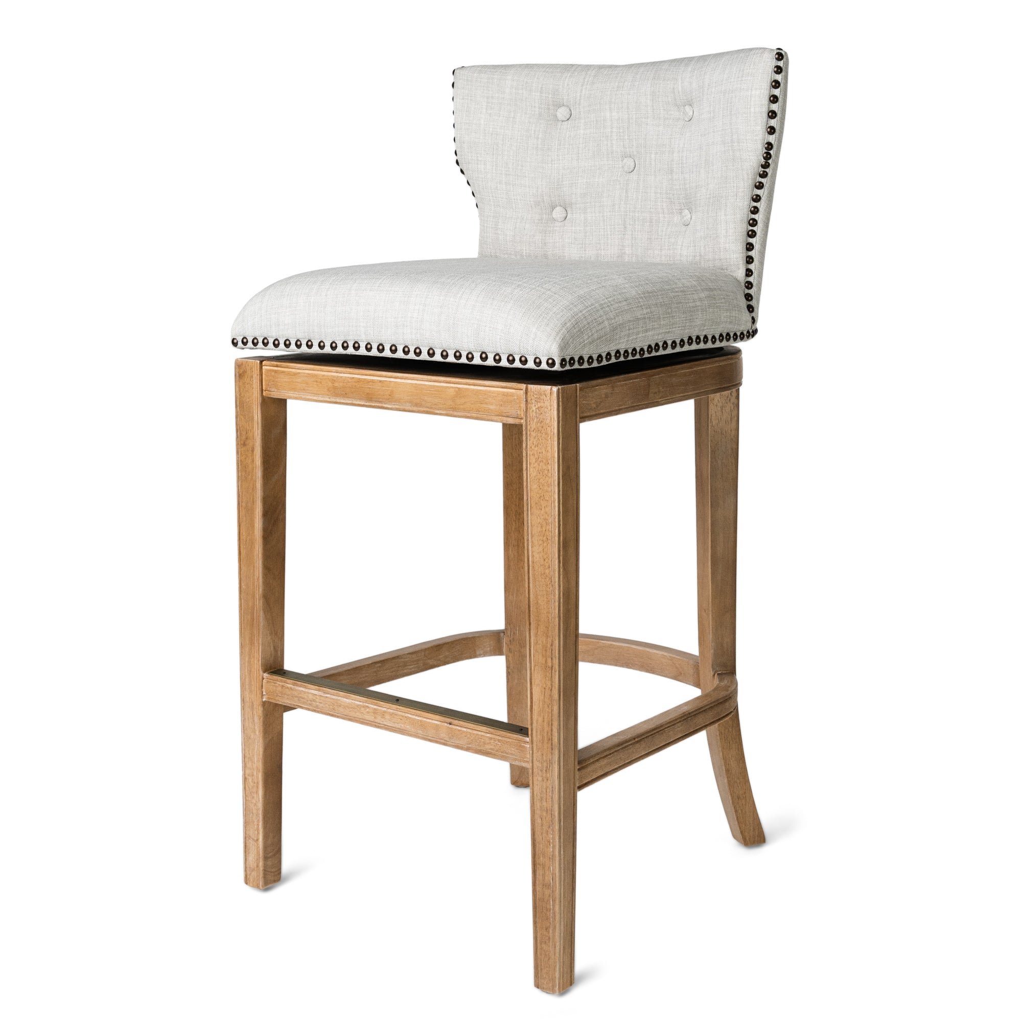 Hugo Bar Stool in Natural Finish with Light Grey Fabric Upholstery in Stools by Maven Lane