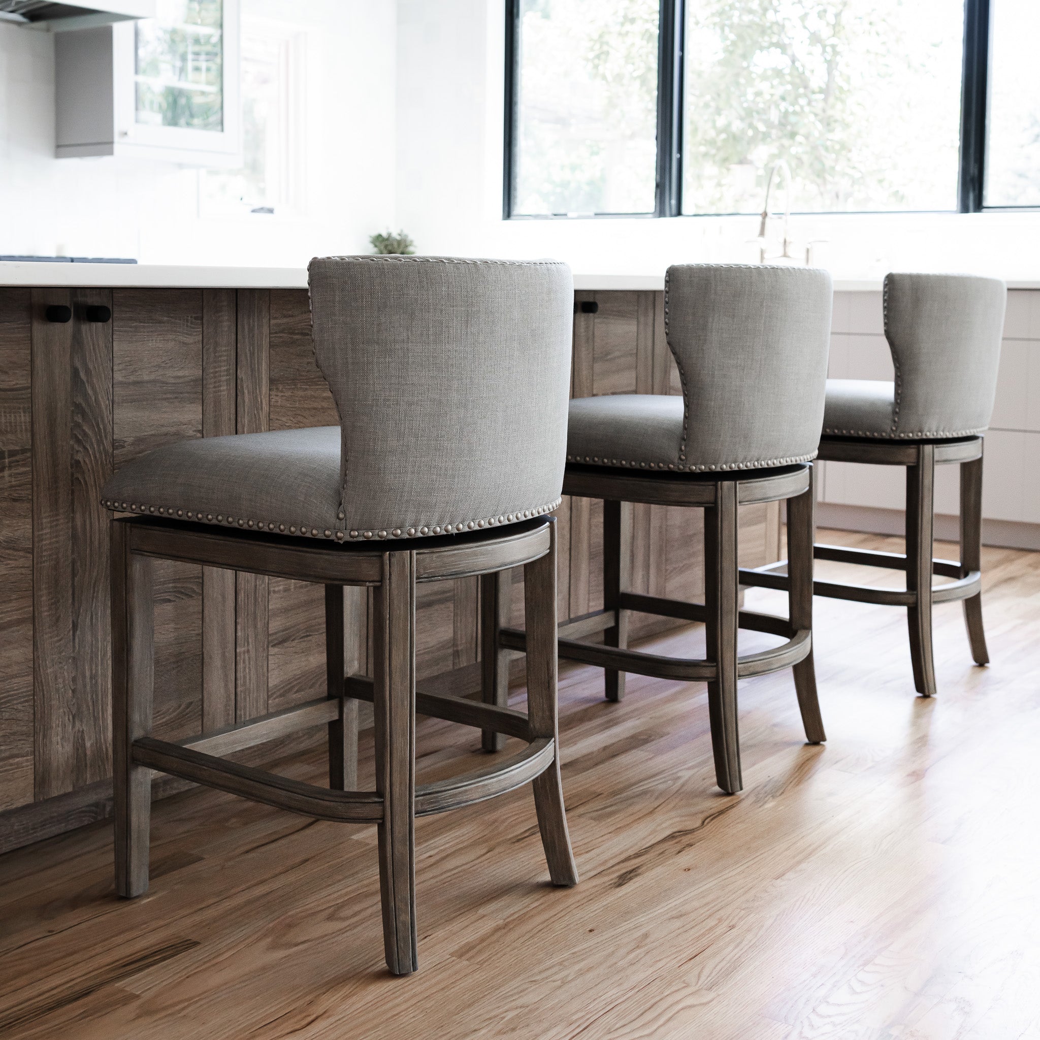 Hugo Bar Stool in Reclaimed Oak Finish with Ash Grey Fabric Upholstery in Stools by Maven Lane