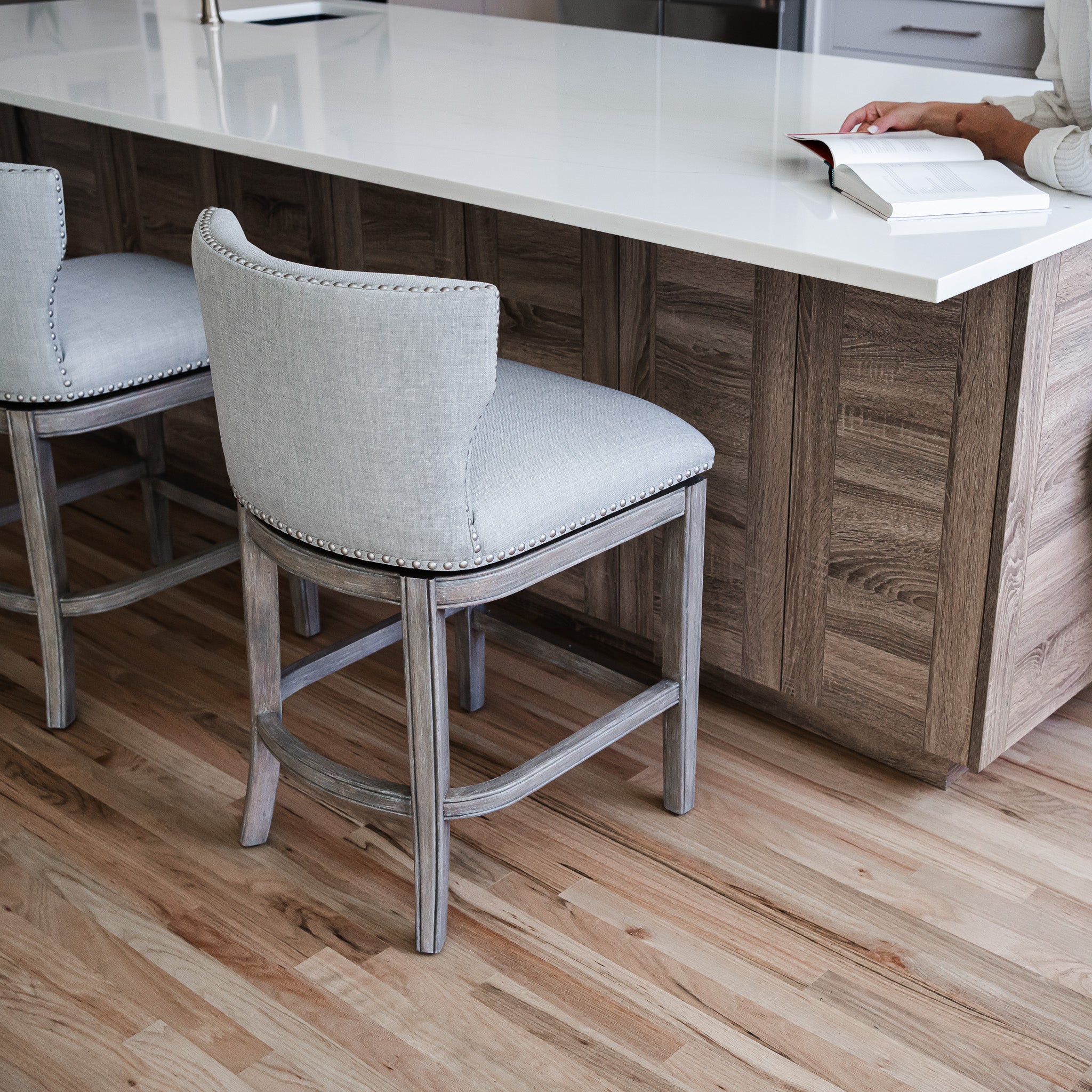 Hugo Counter Stool in Reclaimed Oak Finish with Ash Grey Fabric Upholstery in Stools by Maven Lane