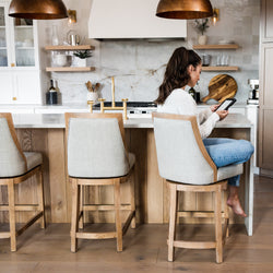 Vienna Swivel Counter Stool in Light Brown Finish with Natural Fabric in Stools by Maven Lane
