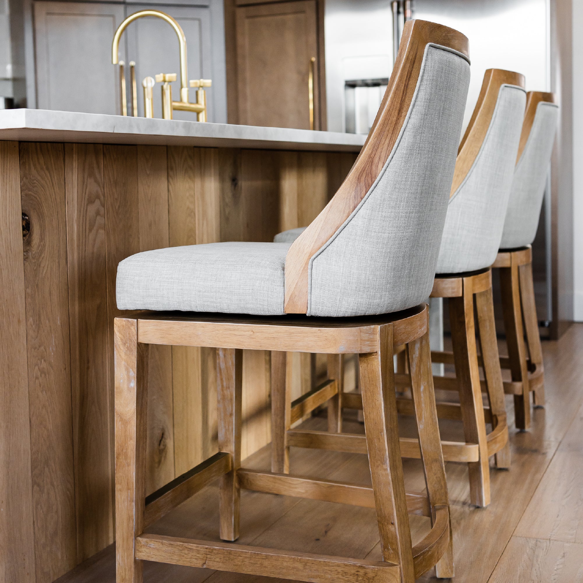 26" Vienna Swivel Counter Stool in Natural Finish with Light Grey Fabric Upholstery in Stools by Maven Lane