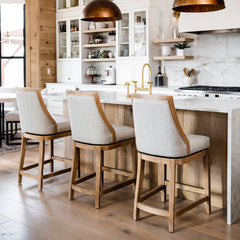 Vienna Swivel Bar Stool in Light Brown Finish with Natural Fabric in Stools by Maven Lane