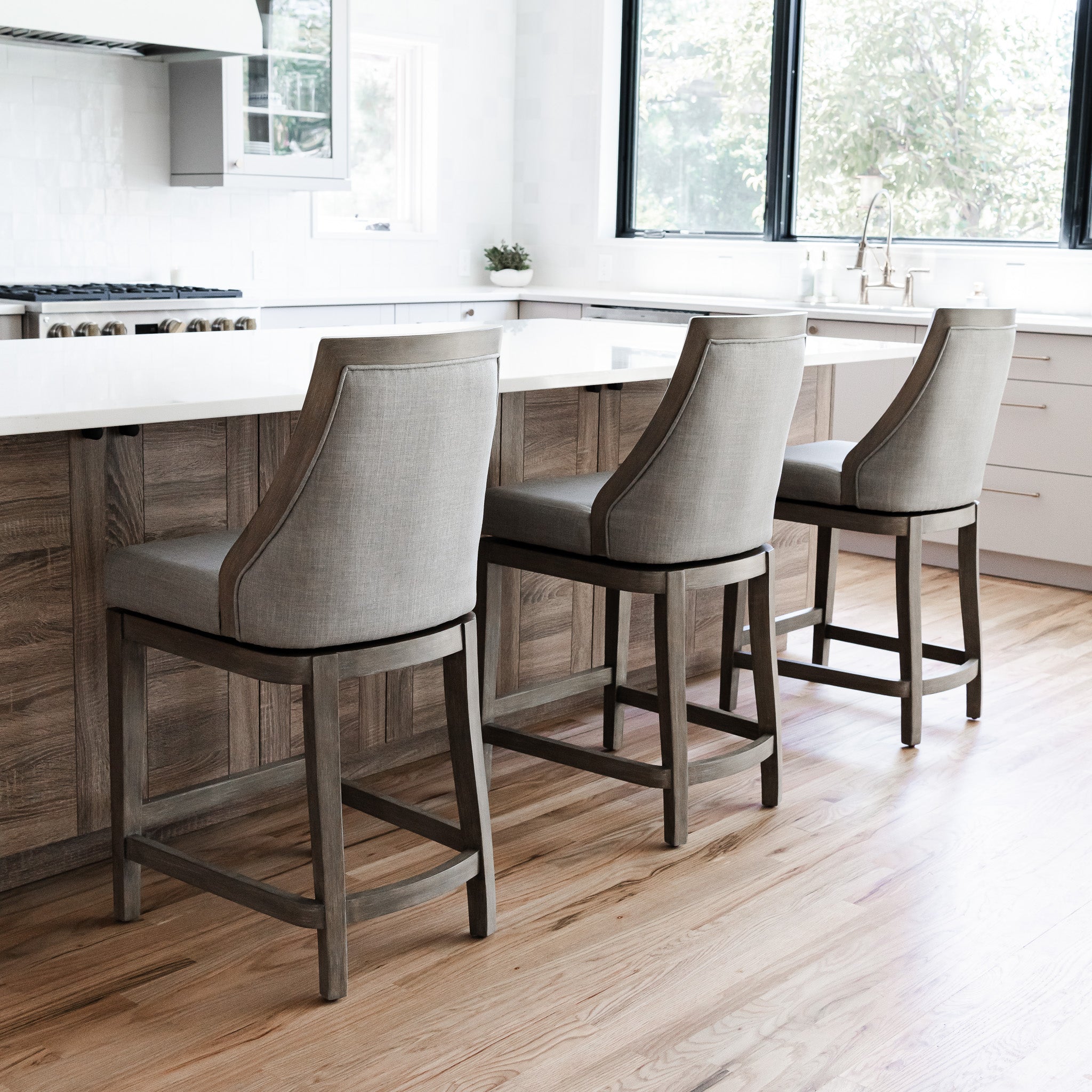 Vienna Counter Stool in Reclaimed Oak Finish with Ash Grey Fabric Upholstery in Stools by Maven Lane