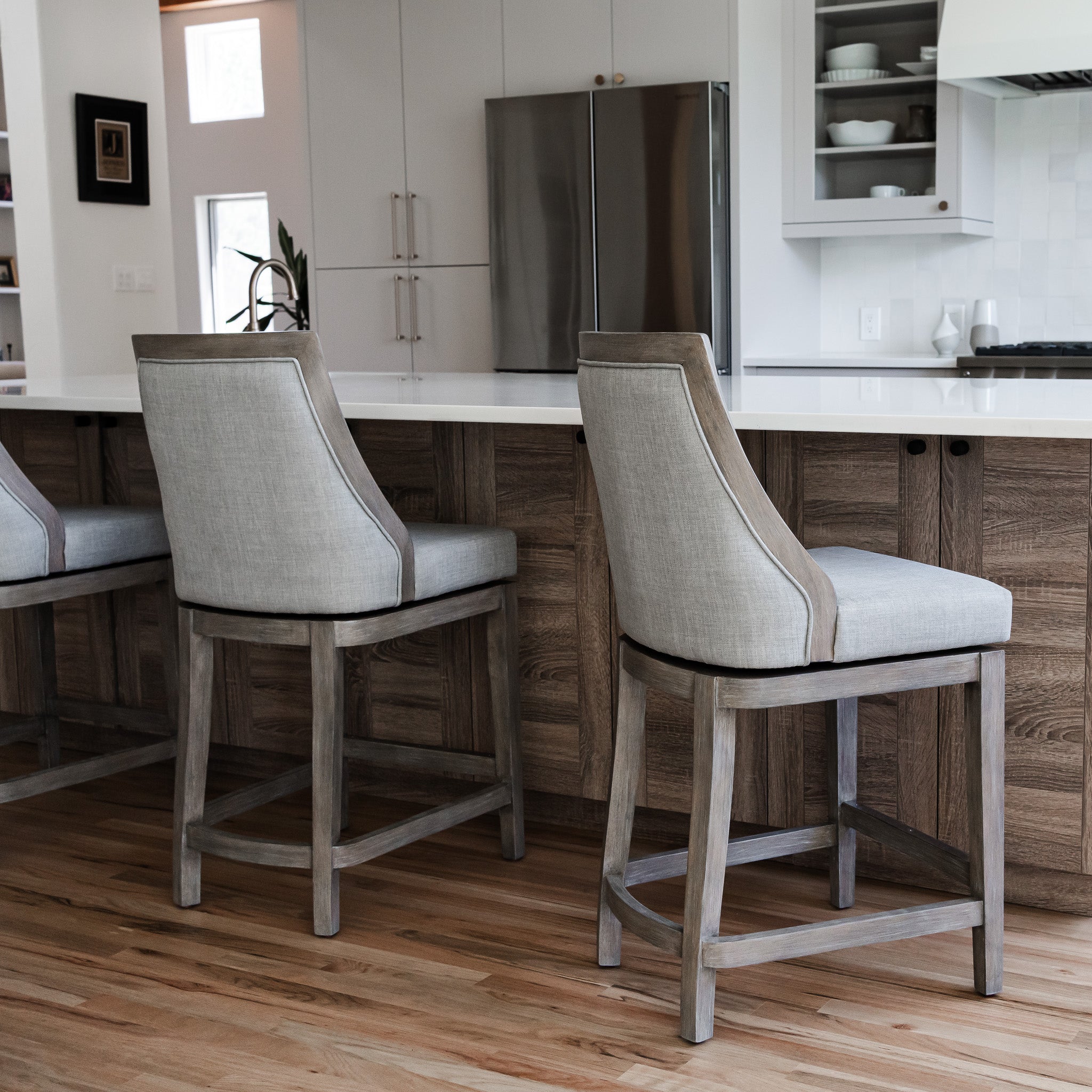 Vienna Bar Stool in Reclaimed Oak Finish with Ash Grey Fabric Upholstery in Stools by Maven Lane