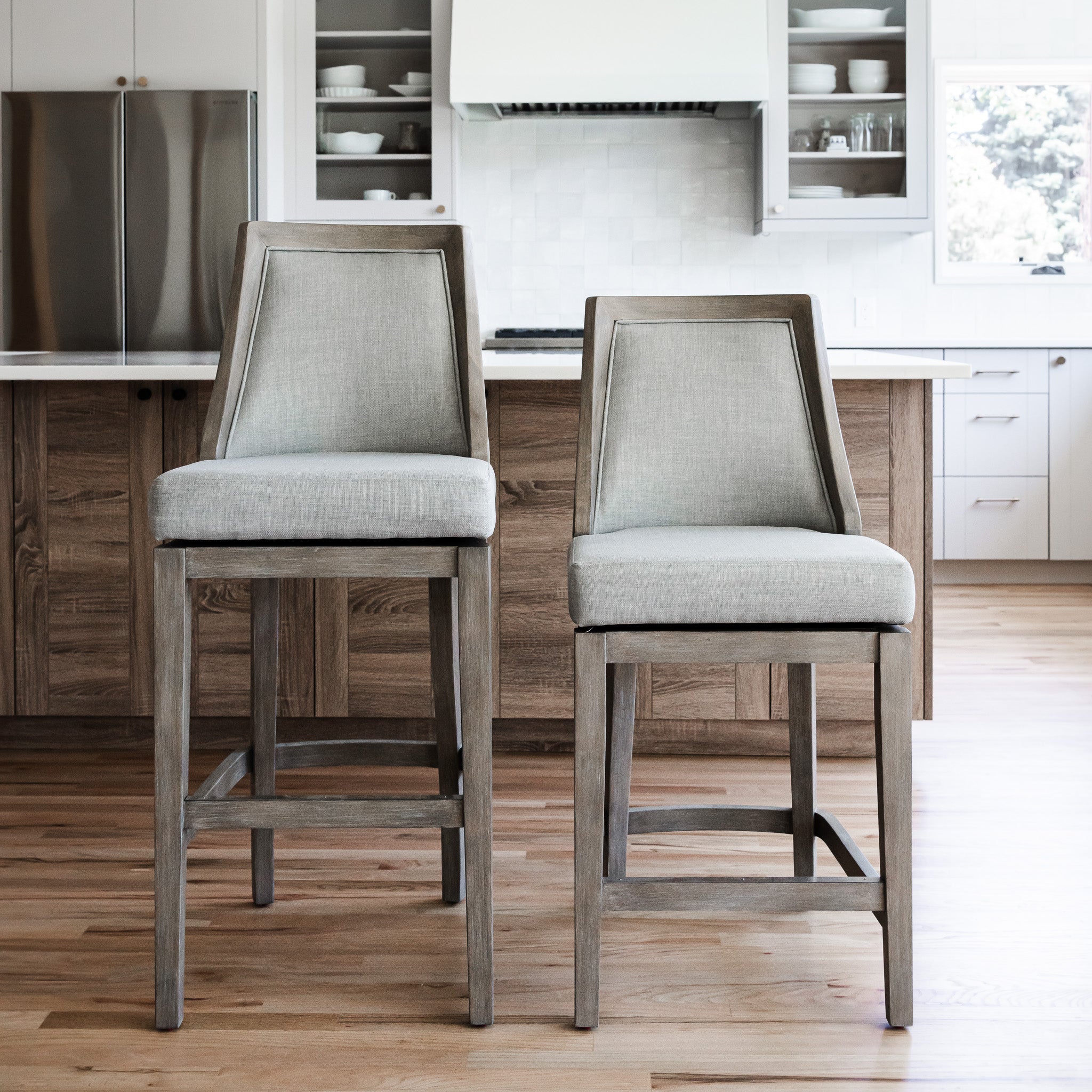 Vienna Counter Stool in Reclaimed Oak Finish with Ash Grey Fabric Upholstery in Stools by Maven Lane