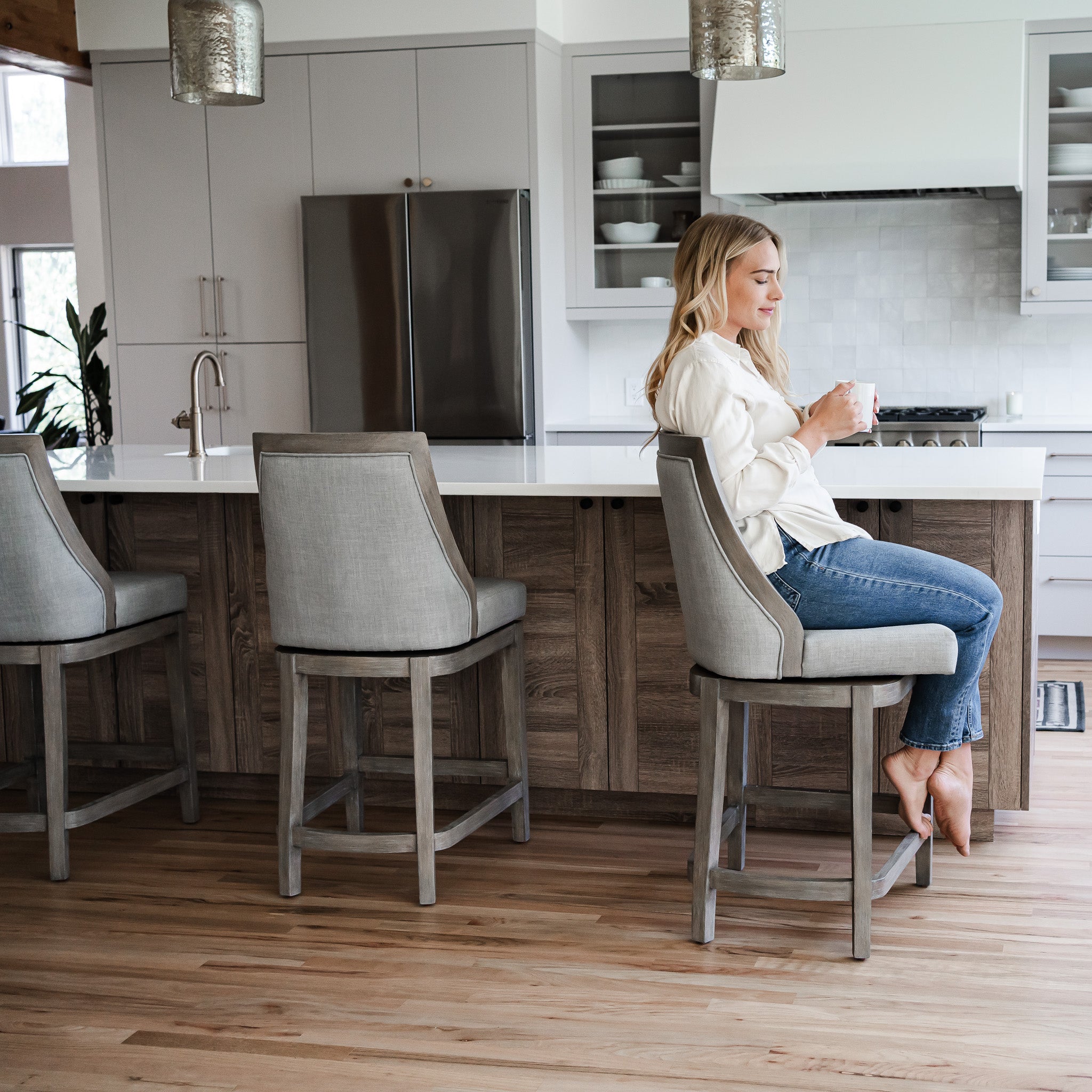 Vienna Counter Stool in Reclaimed Oak Finish with Ash Grey Fabric Upholstery in Stools by Maven Lane