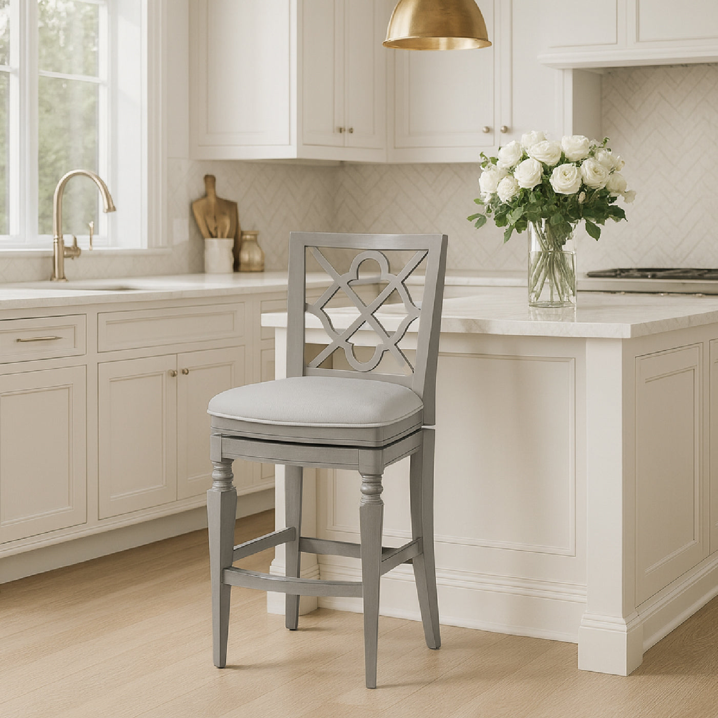 31" Highland Bar Stool in Grey Finish and Beige Fabric in by Maven Lane