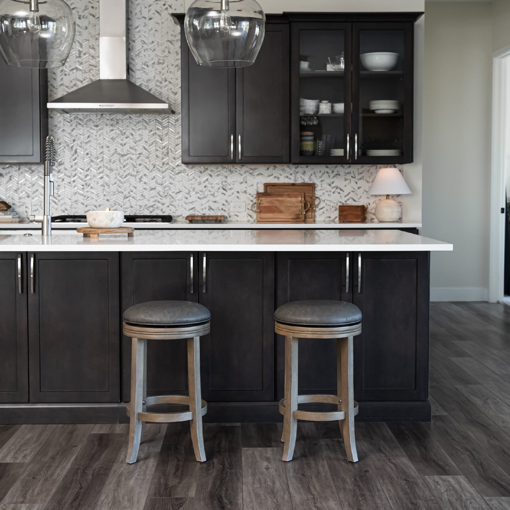 Eva Counter Stool in Grey Finish and Grey Faux Leather in Stools by Maven Lane