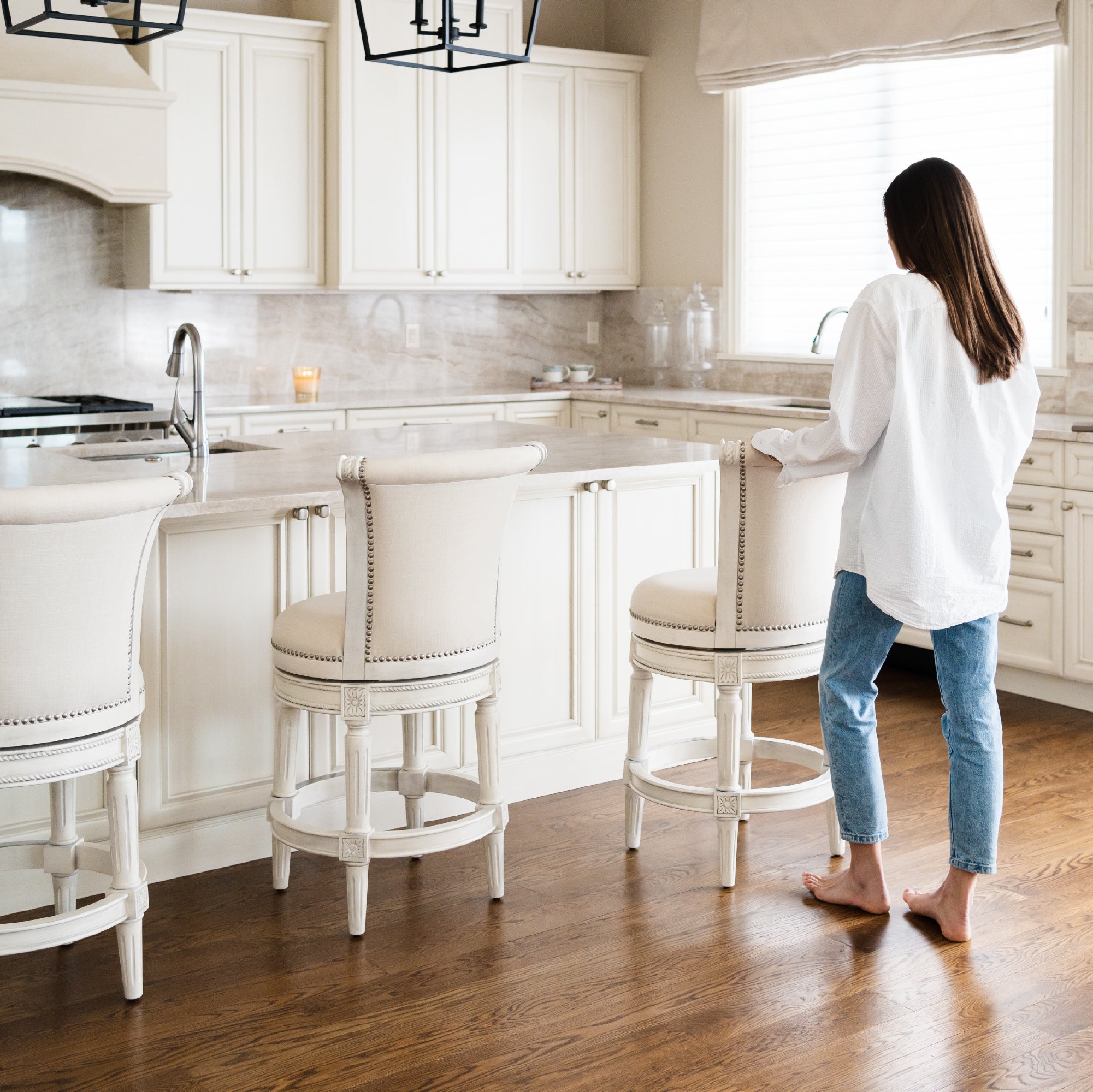 Pullman Counter Stool in Cream Finish and Cream Fabric Upholstery in Stools by Maven Lane