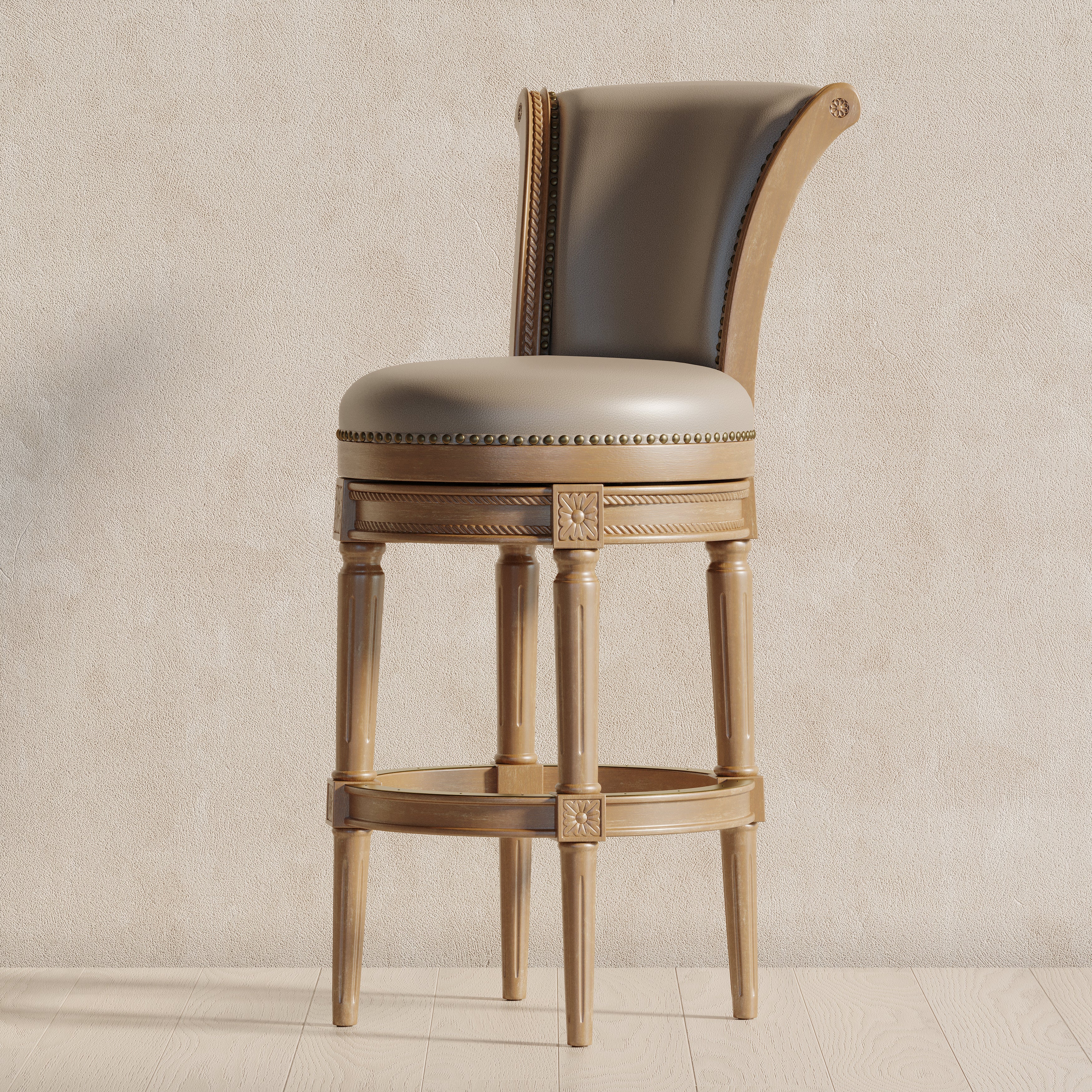 31" Pullman Bar Stool in Weathered Oak Finish with Avanti Bone Vegan Leather in Stools by Maven Lane