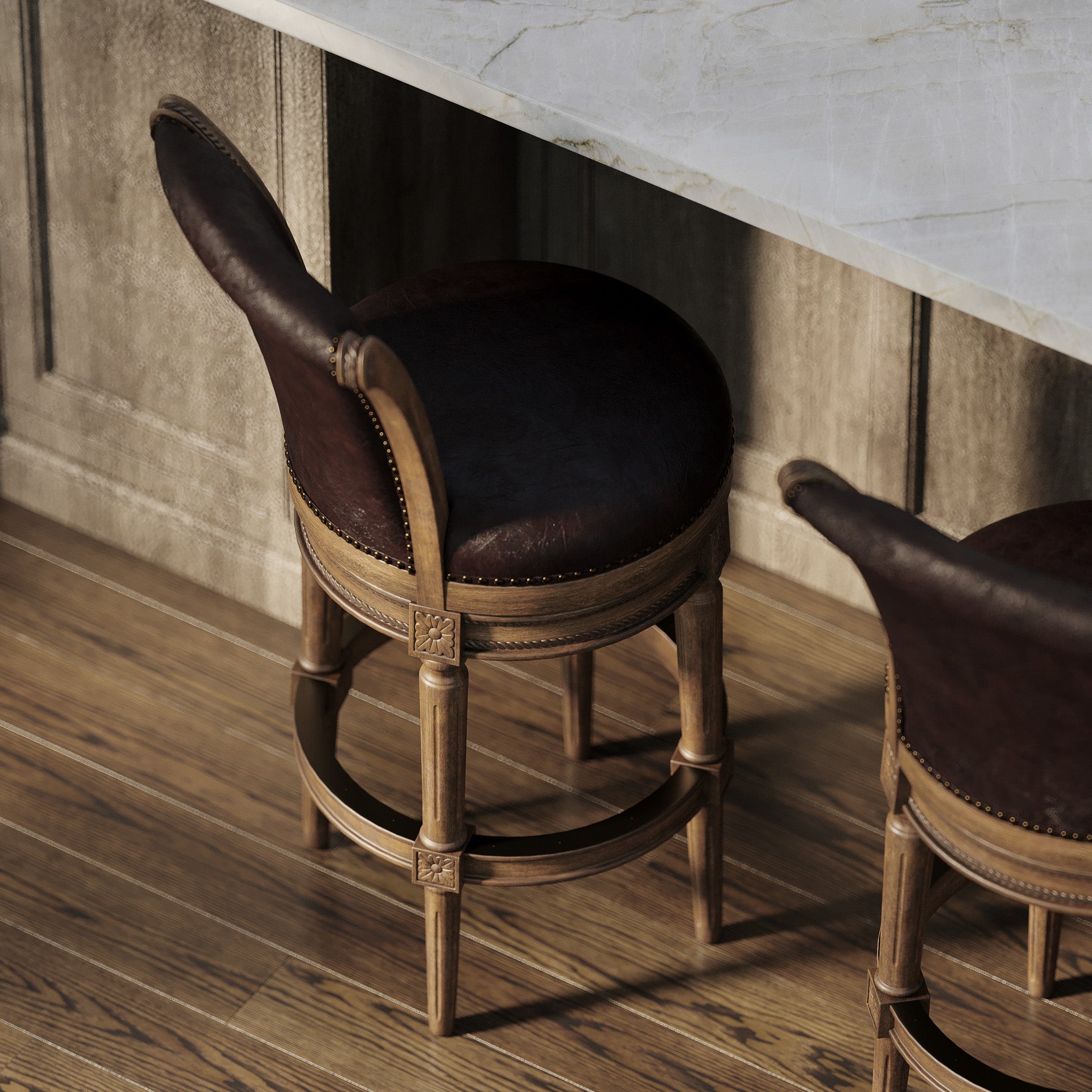 Pullman Bar Stool in Walnut Finish w/ Marksman Saddle Vegan Leather in Stools by Maven Lane