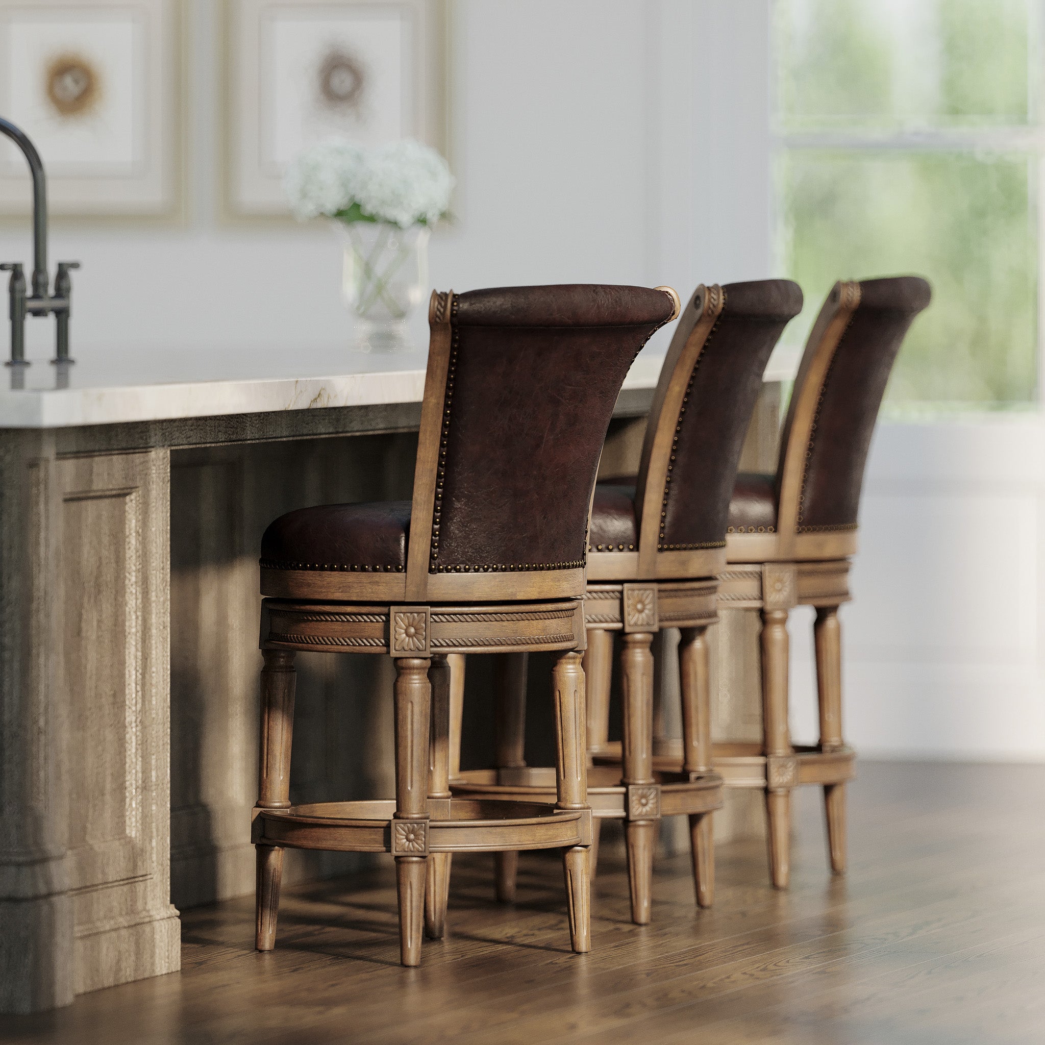 Pullman Counter Stool in Walnut Finish with Marksman Saddle Vegan Leather in Stools by Maven Lane