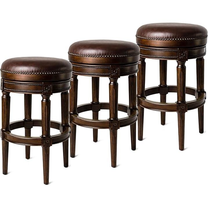 31" Pullman Backless Bar Stool in Dark Brown Finish with Brown Faux Leather (Set of 3) in Stools by Maven Lane